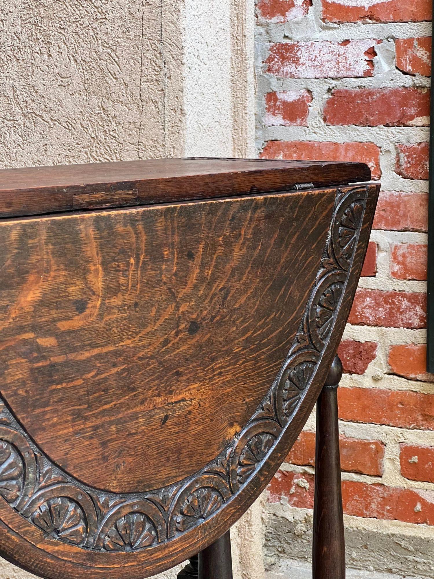 Antique English Drop Leaf Side Sofa Table Petite Carved Oak Jacobean Gate Leg 12