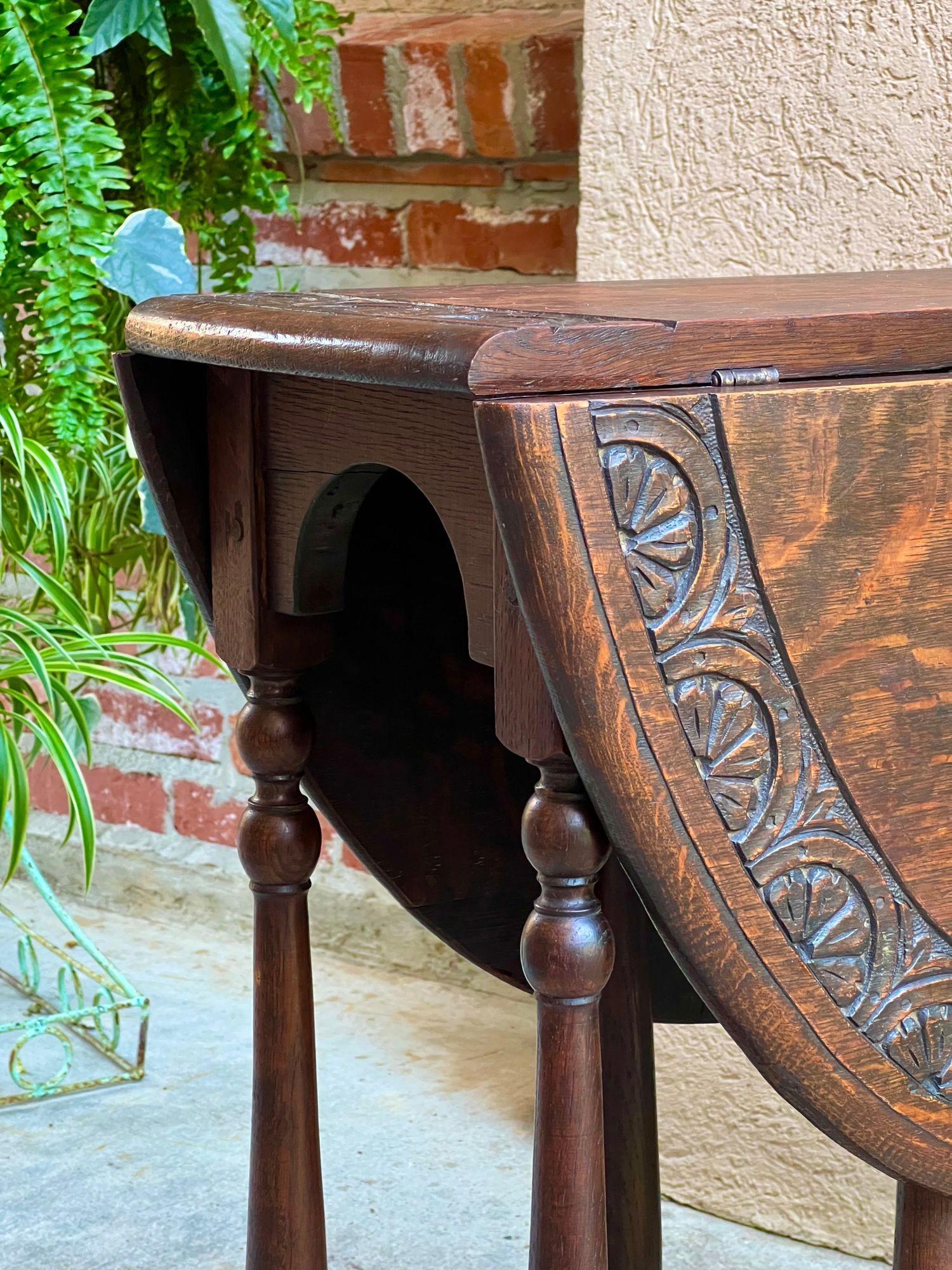 Antique English Drop Leaf Side Sofa Table Petite Carved Oak Jacobean Gate Leg 13