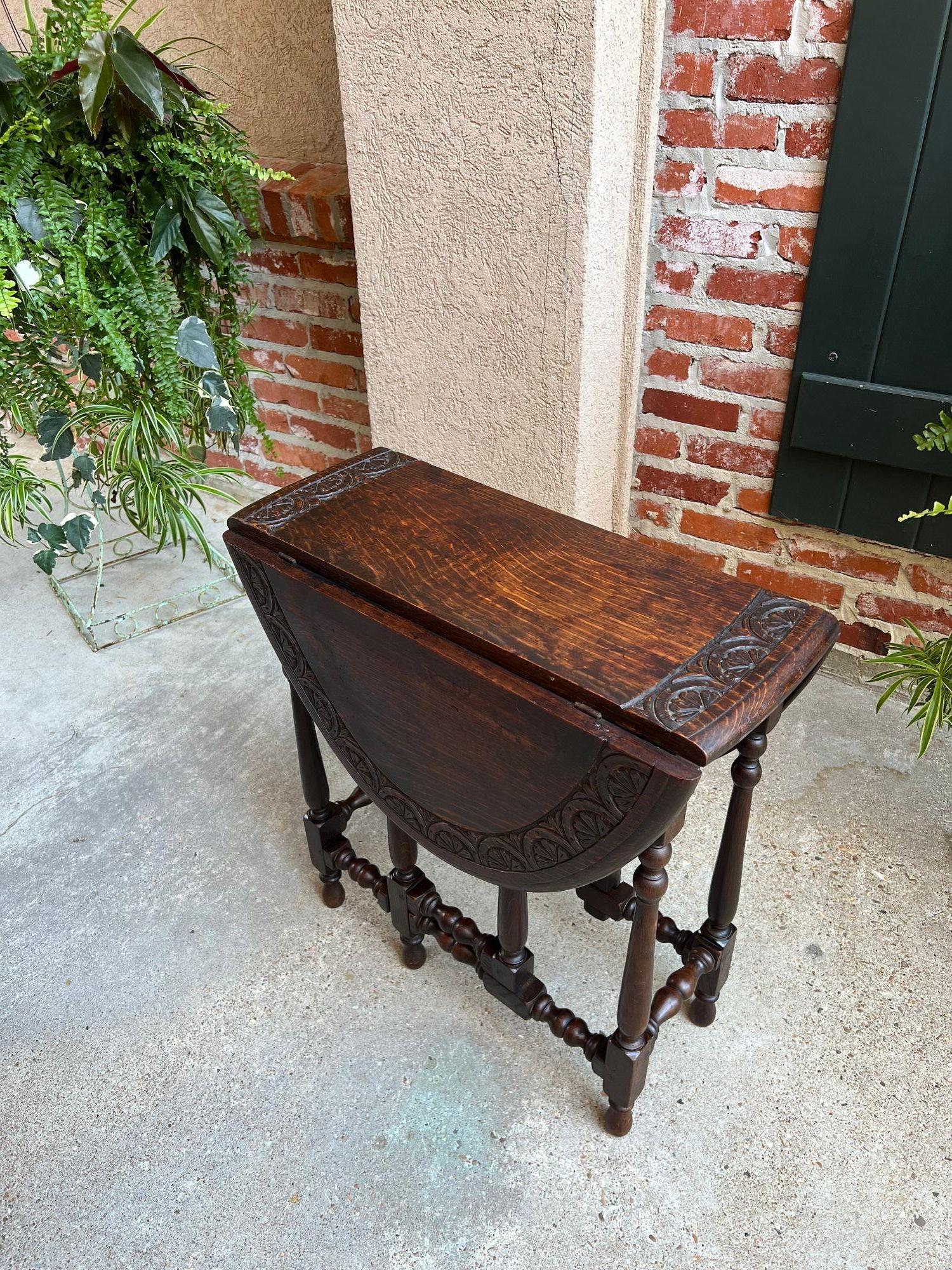 Antique English Drop Leaf Side Sofa Table Petite Carved Oak Jacobean Gate Leg 14