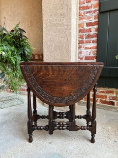 Antique English Drop Leaf Side Sofa Table Petite Carved Oak Jacobean Gate Leg