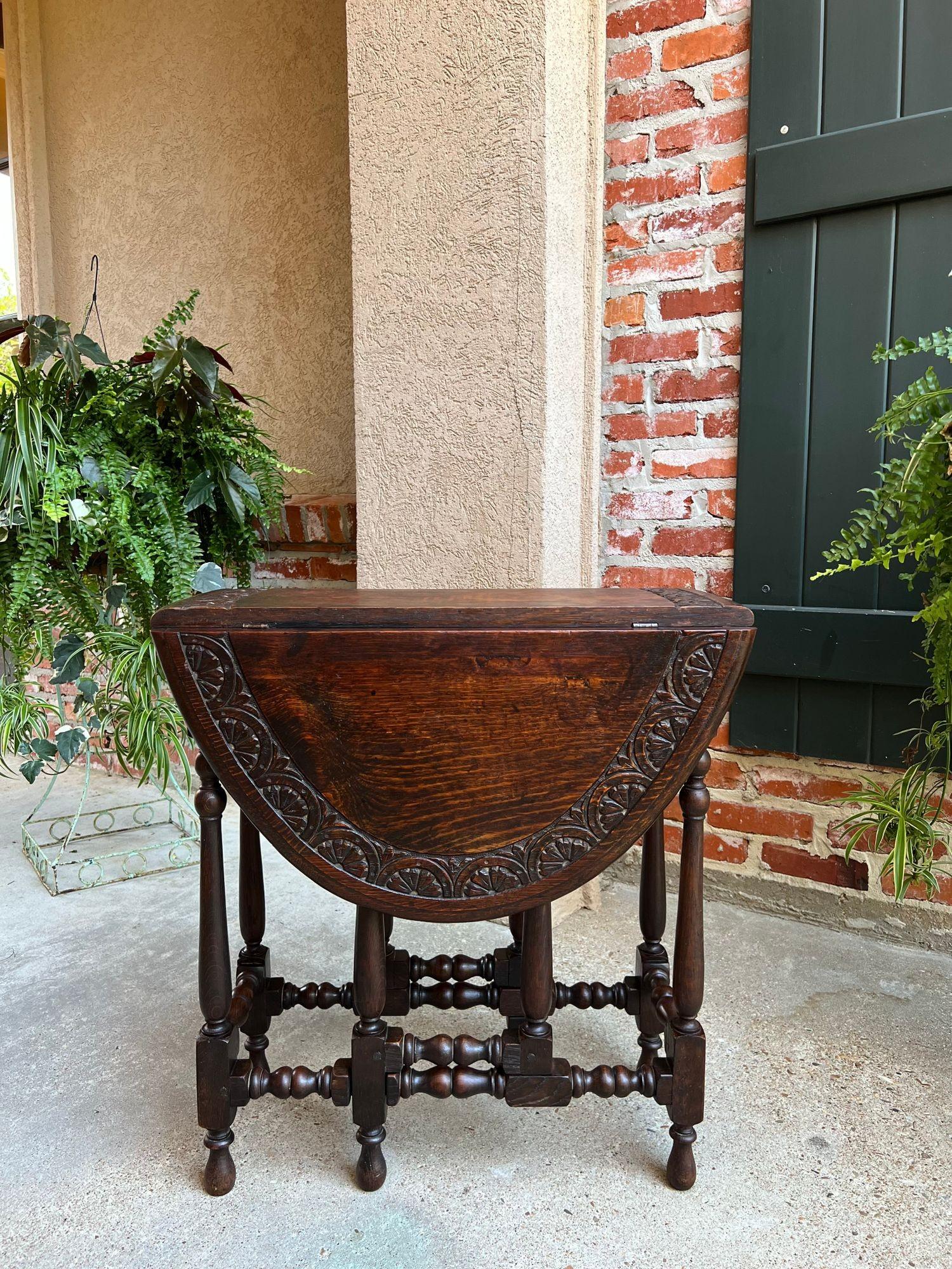 Antique English Drop Leaf Side Sofa Table Petite Carved Oak Jacobean Gate Leg In Good Condition In Shreveport, LA