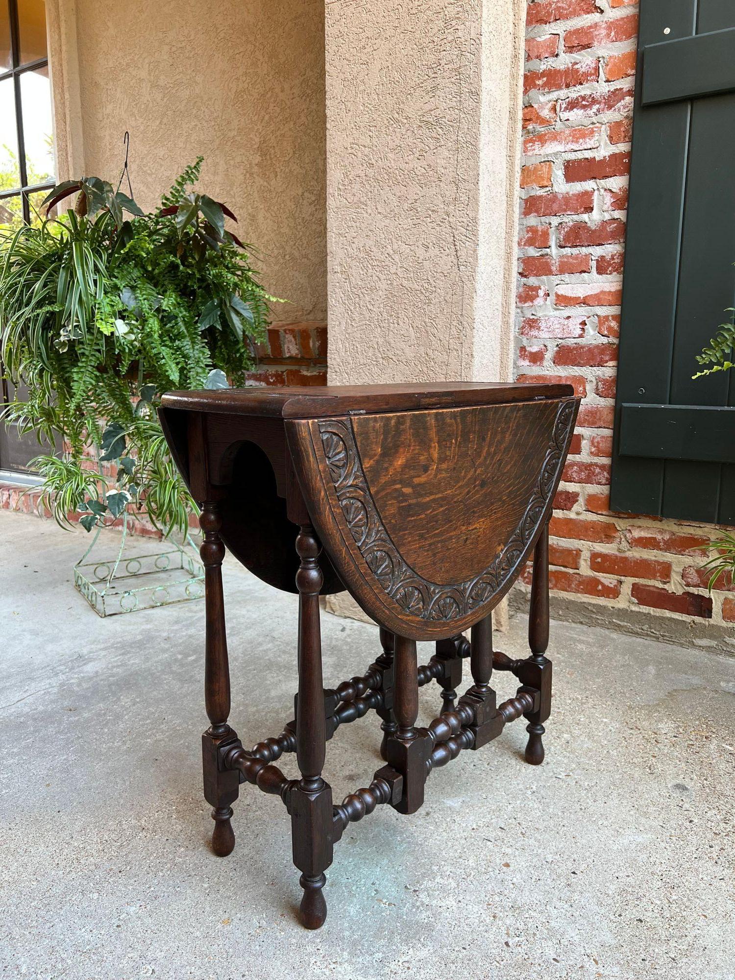 Late 19th Century Antique English Drop Leaf Side Sofa Table Petite Carved Oak Jacobean Gate Leg