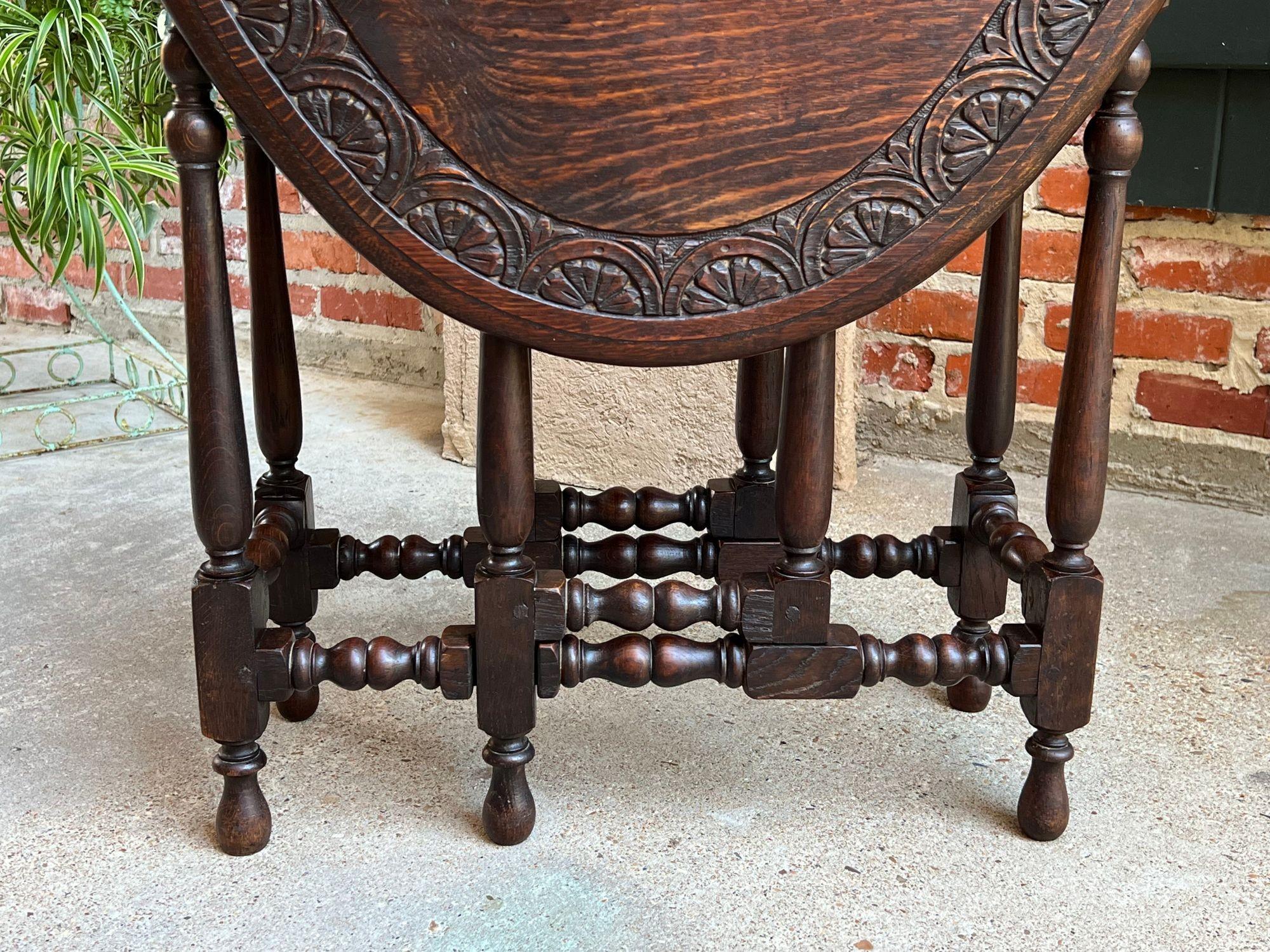 Antique English Drop Leaf Side Sofa Table Petite Carved Oak Jacobean Gate Leg 1