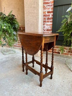 Antique English Drop Leaf Side Sofa Table Petite Oak Jacobean Bobbin Gate Leg