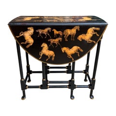 Antique English Drop Leaf Side Table Horse Equestrian Chinoiserie Petite Oak