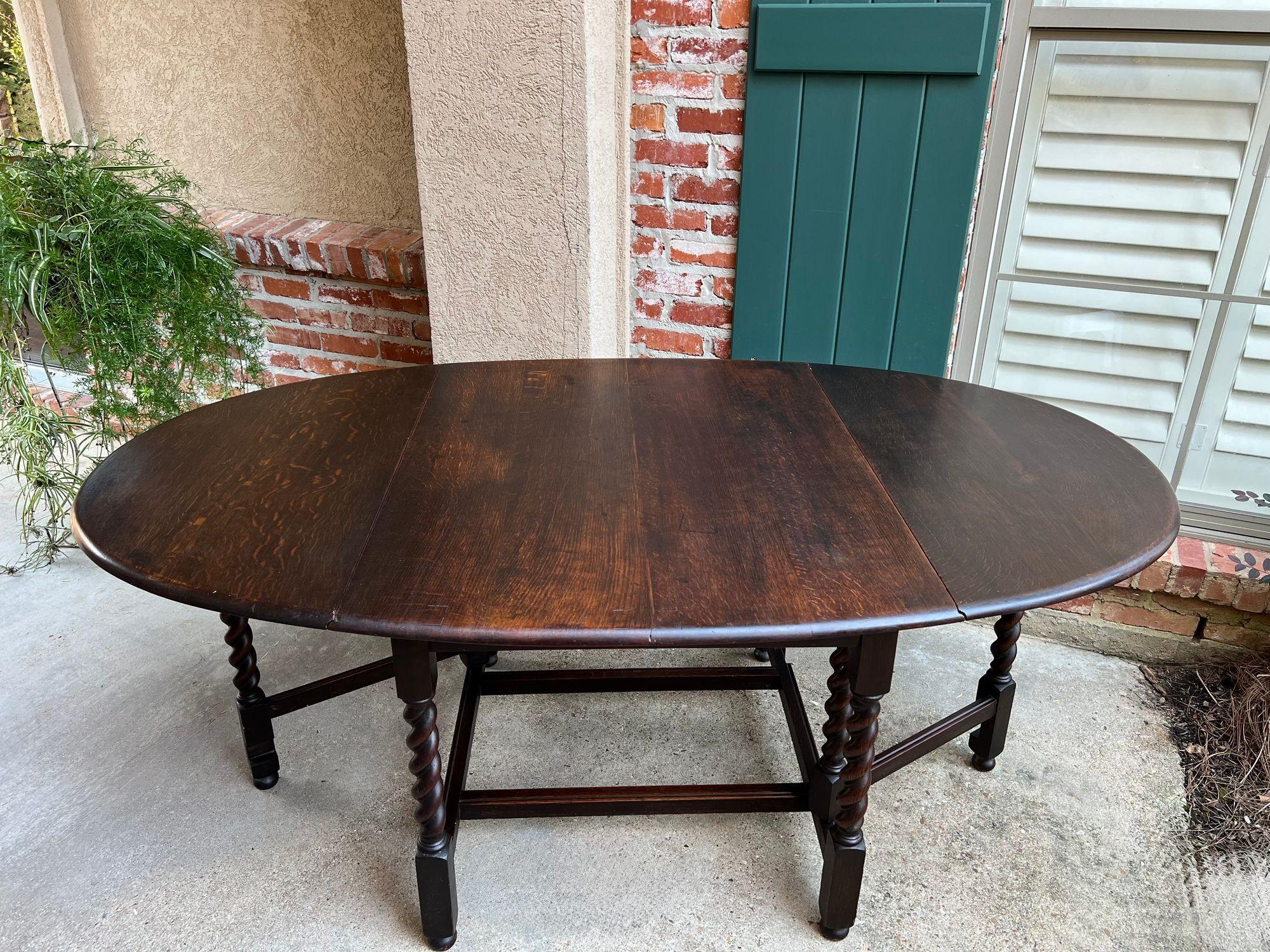 Turned Antique English Drop Leaf Sofa Kitchen Table BARLEY TWIST Tiger Oak Gate Leg For Sale