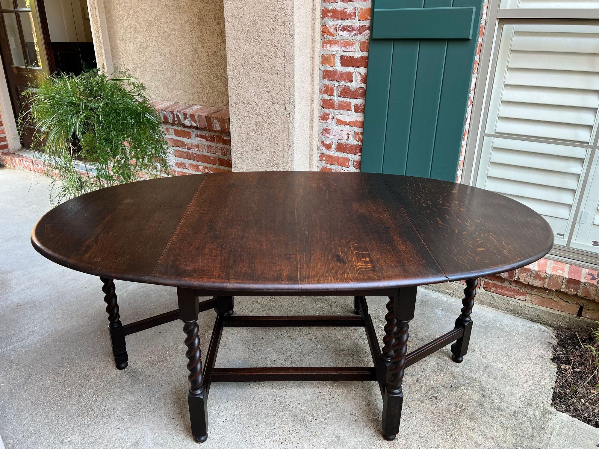 Antique English Drop Leaf Sofa Kitchen Table BARLEY TWIST Tiger Oak Gate Leg In Good Condition For Sale In Shreveport, LA