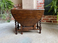 Antique English Drop Leaf Tea Table Barley Twist Petite Dark Oak Coffee Gate Leg