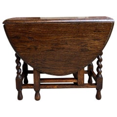 Antique English Drop Leaf Tea Table Barley Twist Petite Dark Oak Coffee Gate Leg