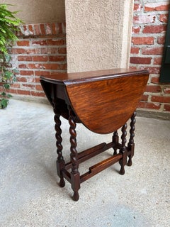 Antique English Drop Leaf Tea Table Barley Twist Super Petite Dark Oak Gate Leg
