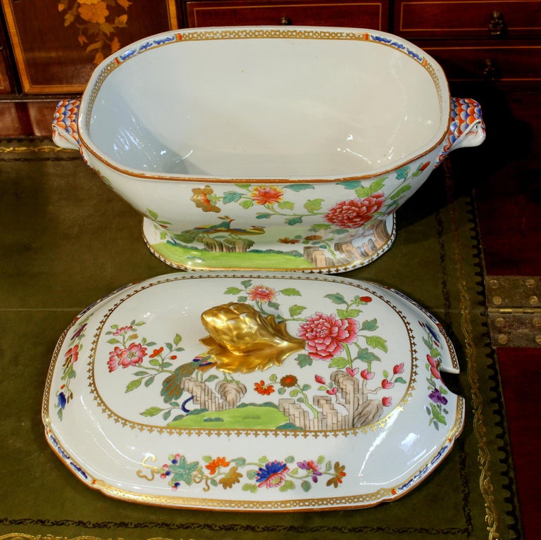 Antique English Early Spode Earthenware "Peacock and Peony" Soup Tureen