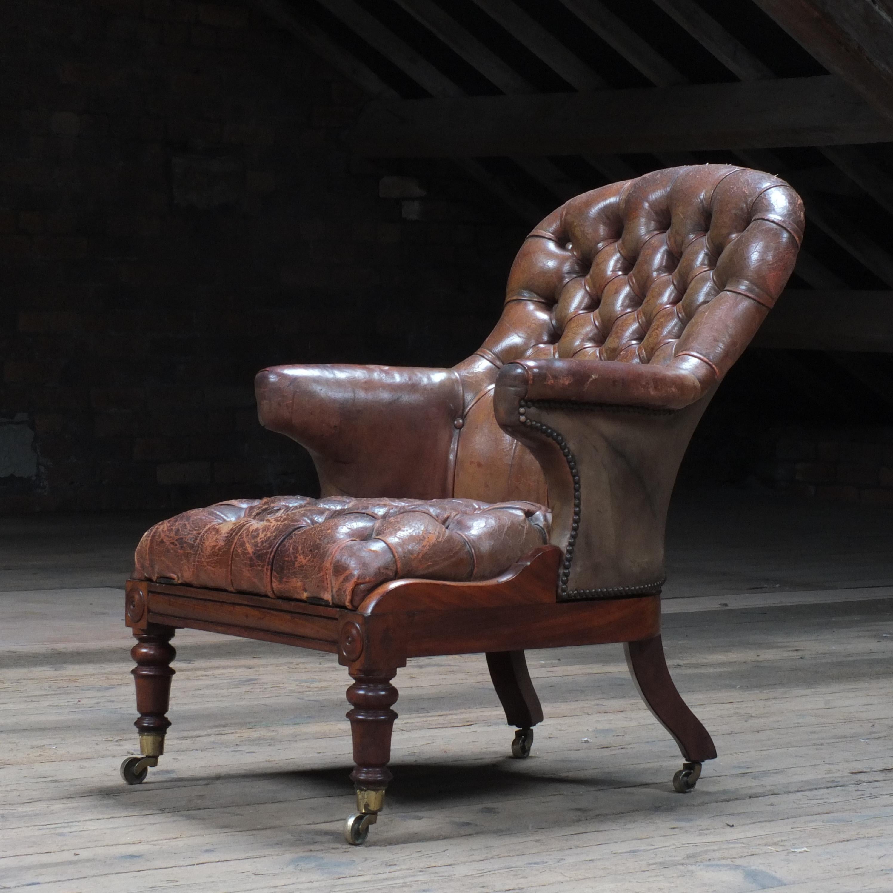 Antique English Early Victorian Walnut & Leather Buttoned Armchair, c1847 In Fair Condition In Batley, GB