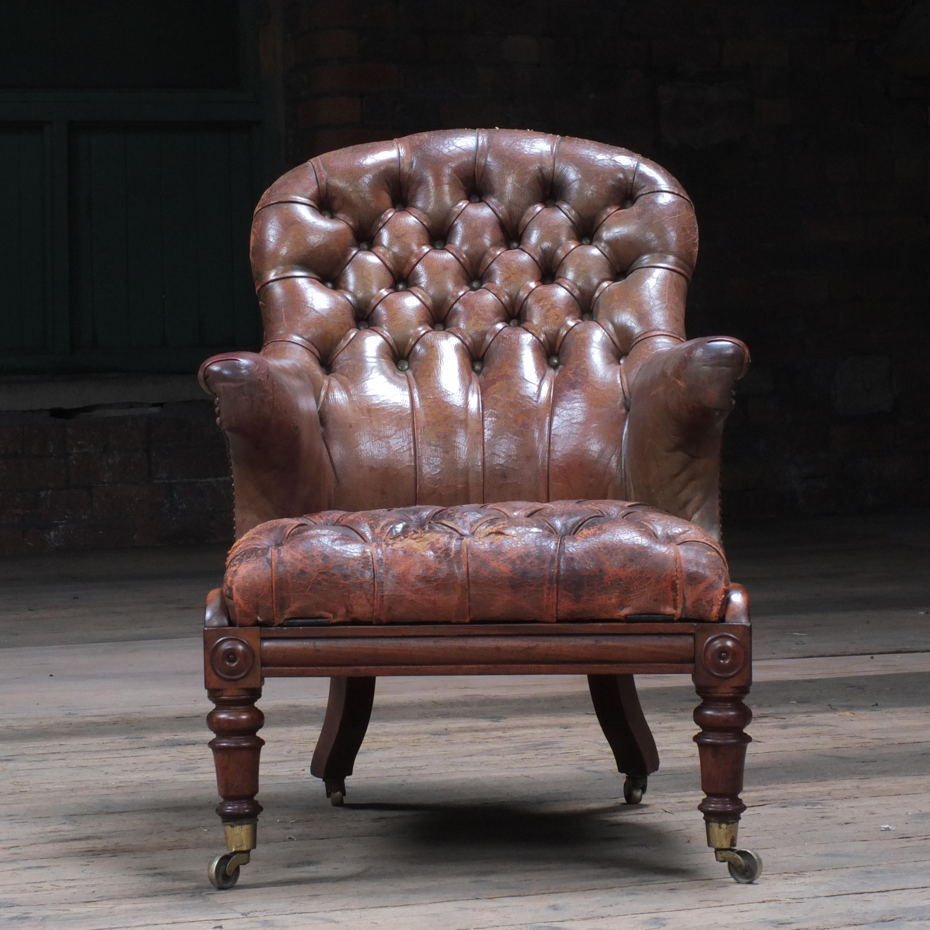 19th Century Antique English Early Victorian Walnut & Leather Buttoned Armchair, c1847