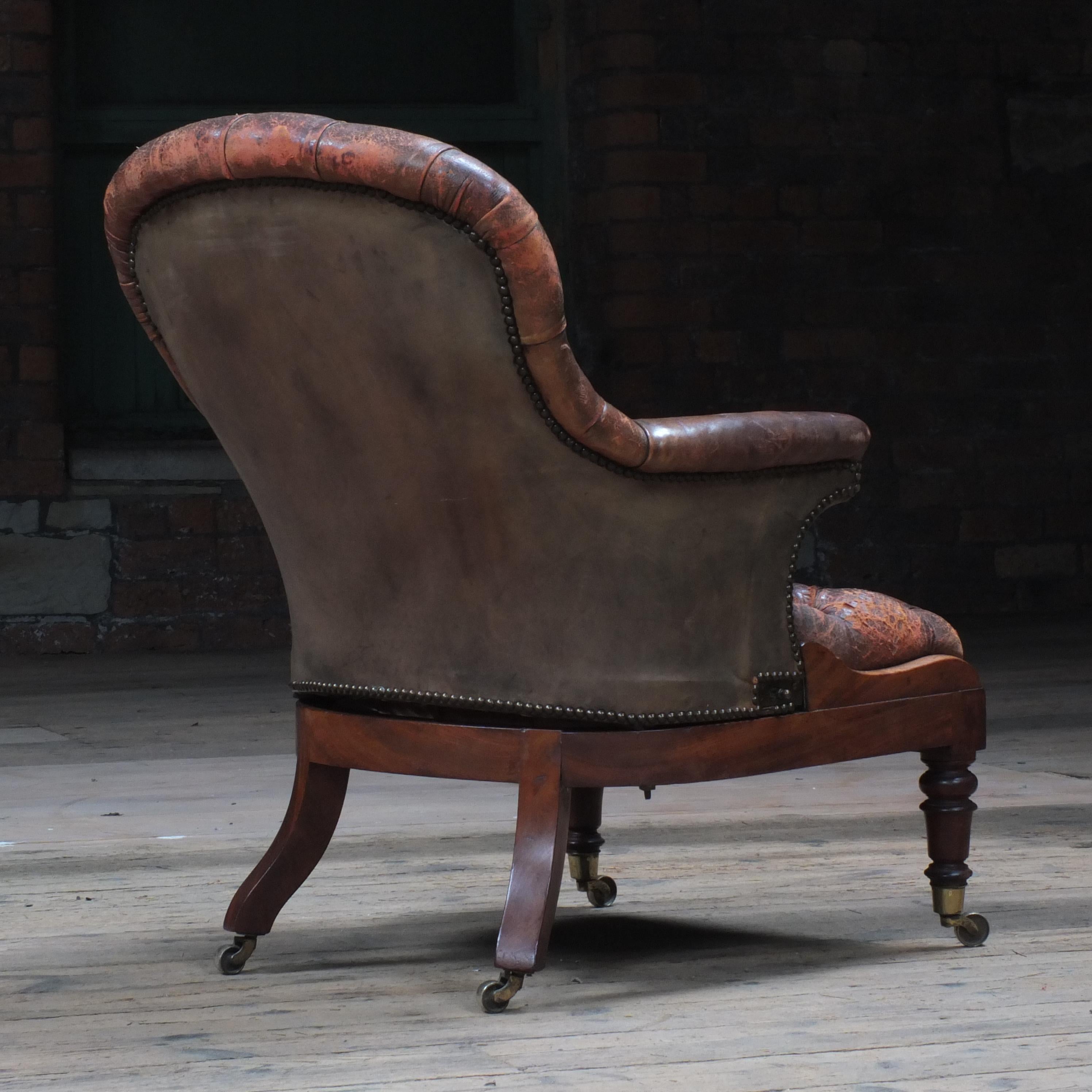 Antique English Early Victorian Walnut & Leather Buttoned Armchair, c1847 1