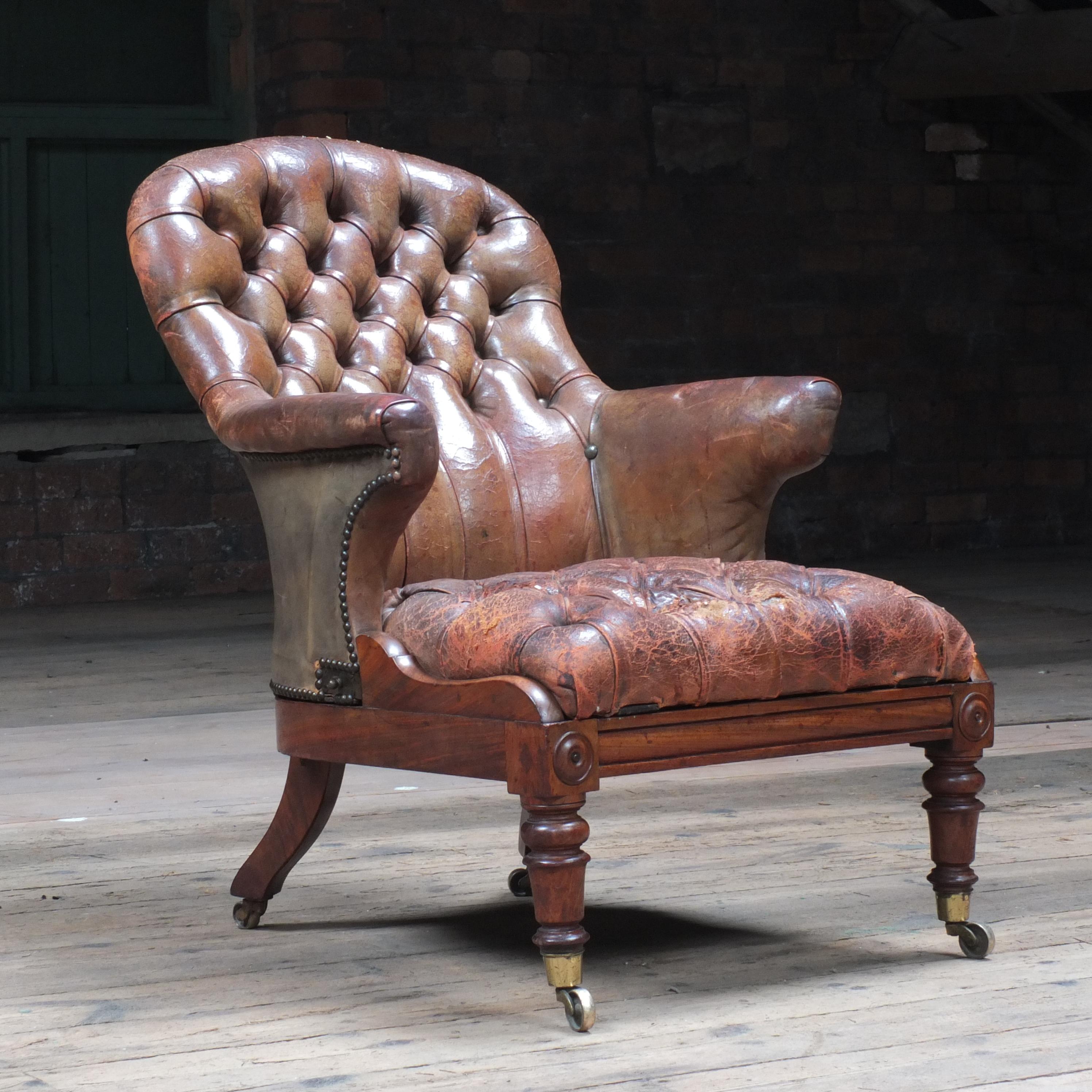 Antique English Early Victorian Walnut & Leather Buttoned Armchair, c1847 2