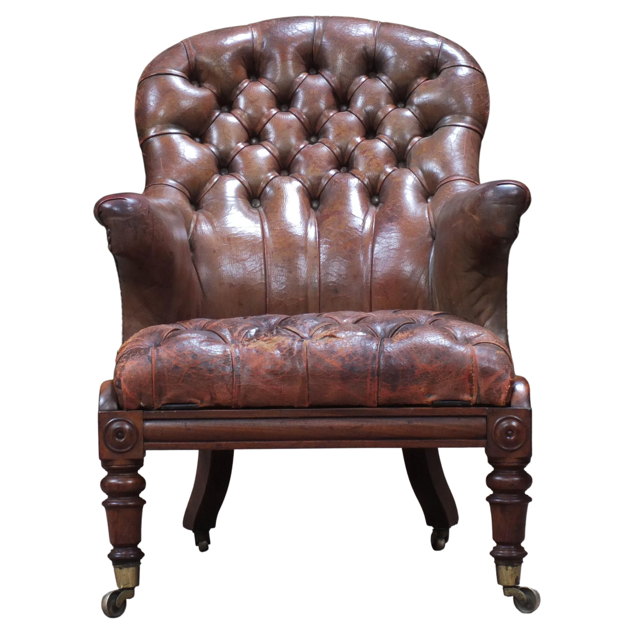 Antique English Early Victorian Walnut & Leather Buttoned Armchair, c1847