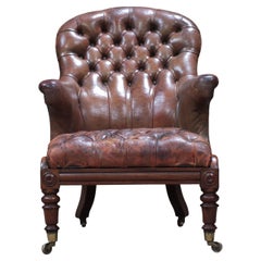 Antique English Early Victorian Walnut 
Leather Buttoned Armchair, c1847