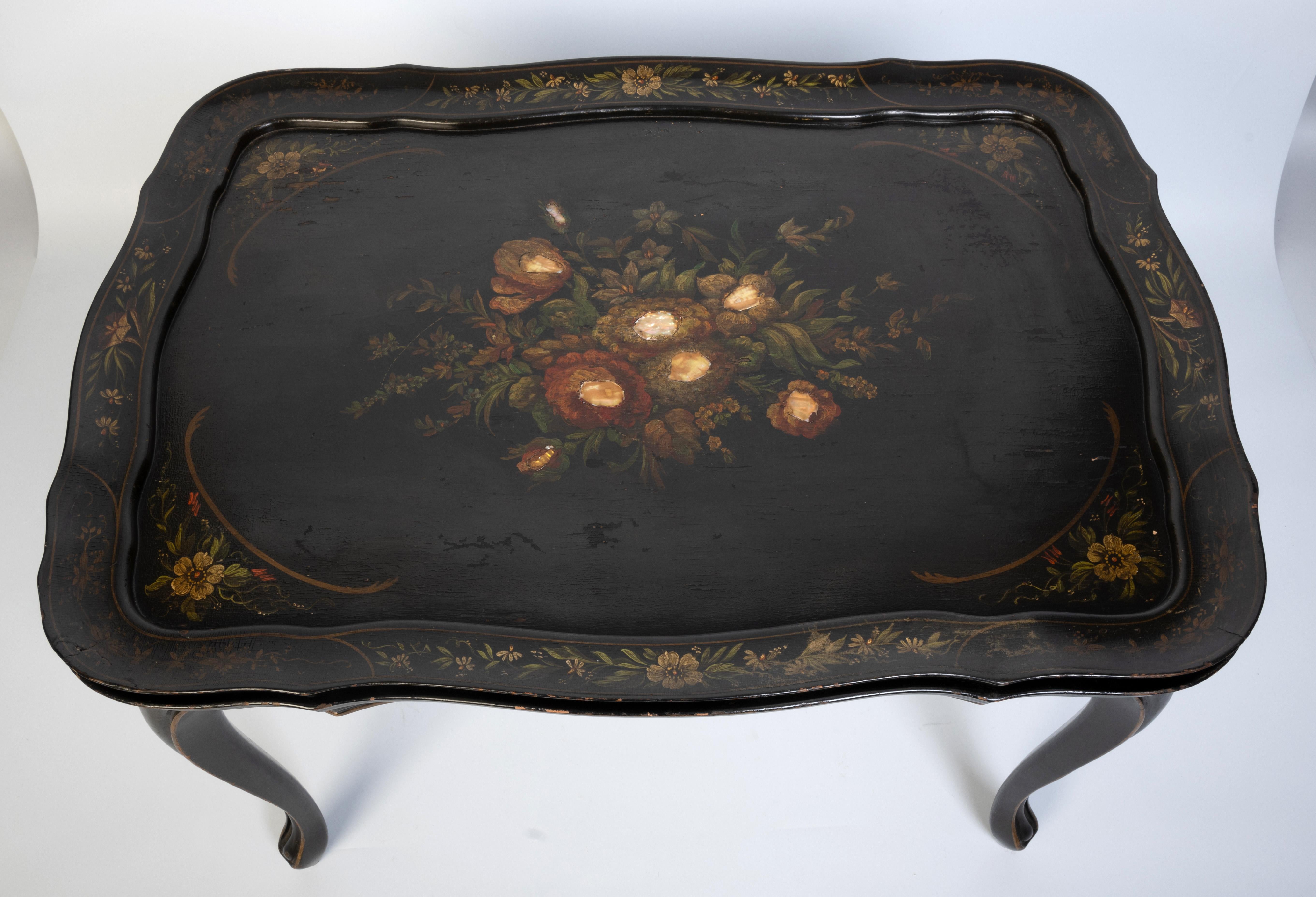 Antique English Ebonised Lacquered Papier Mache Tray On Stand Serving Table For Sale 5
