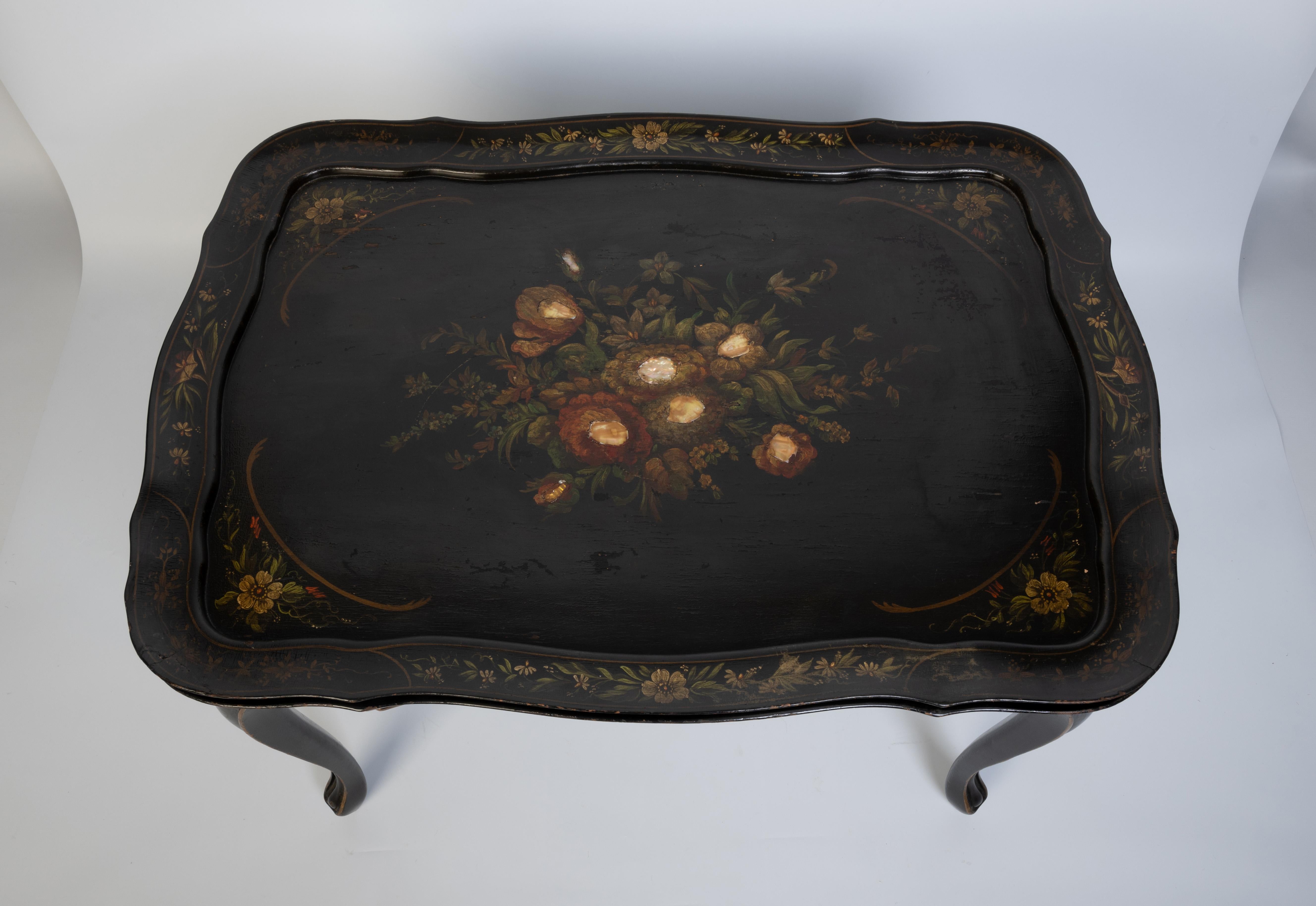 Antique English Ebonised Lacquered Papier Mache Tray On Stand Serving Table For Sale 8