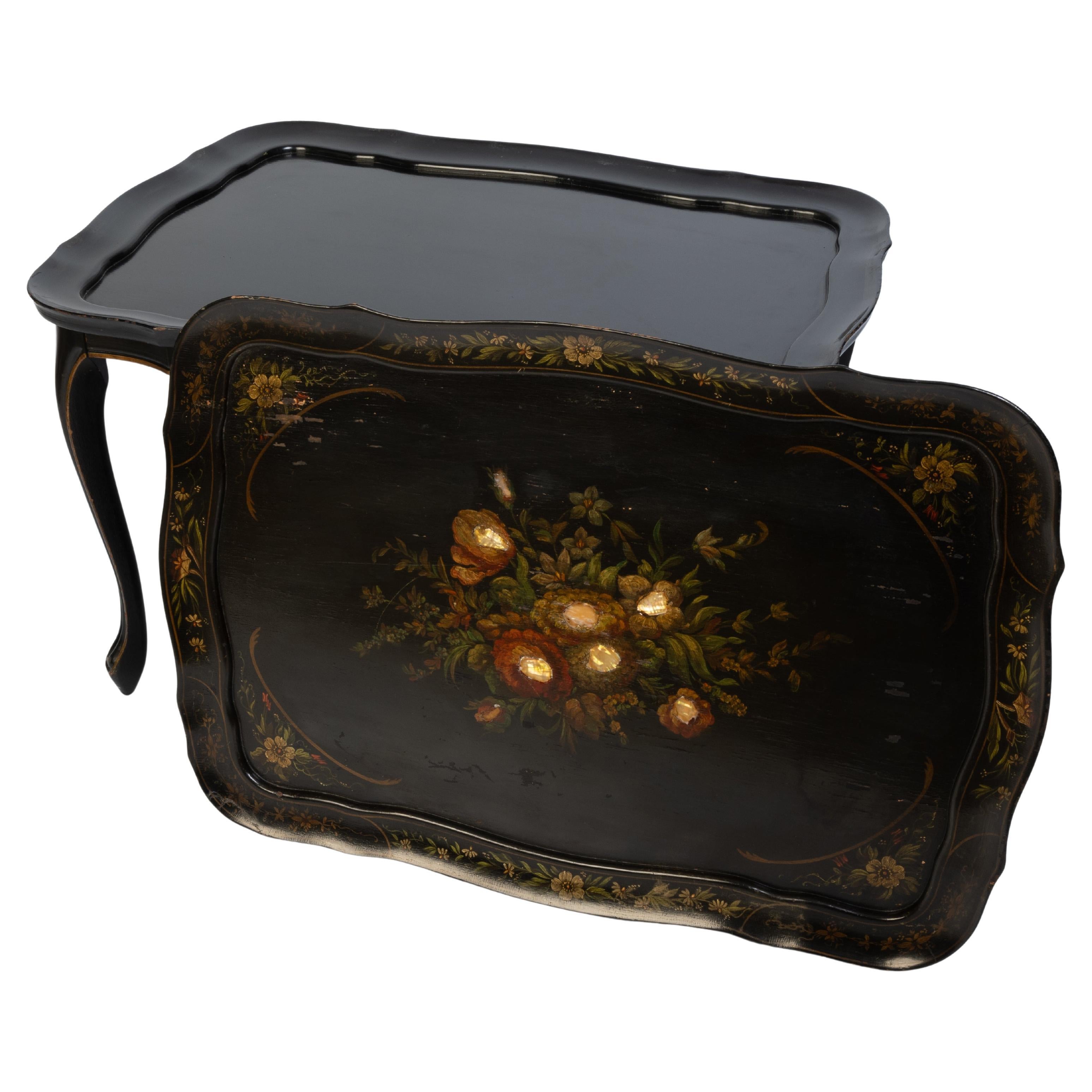 Antique English Ebonised Lacquered Papier Mache Tray On Stand Serving Table
With Mother of pearl inlay.
Victorian, C.1850
In very good condition, with expected signs of wear commensurate of age.