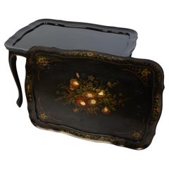 Antique English Ebonised Lacquered Papier Mache Tray On Stand Serving Table