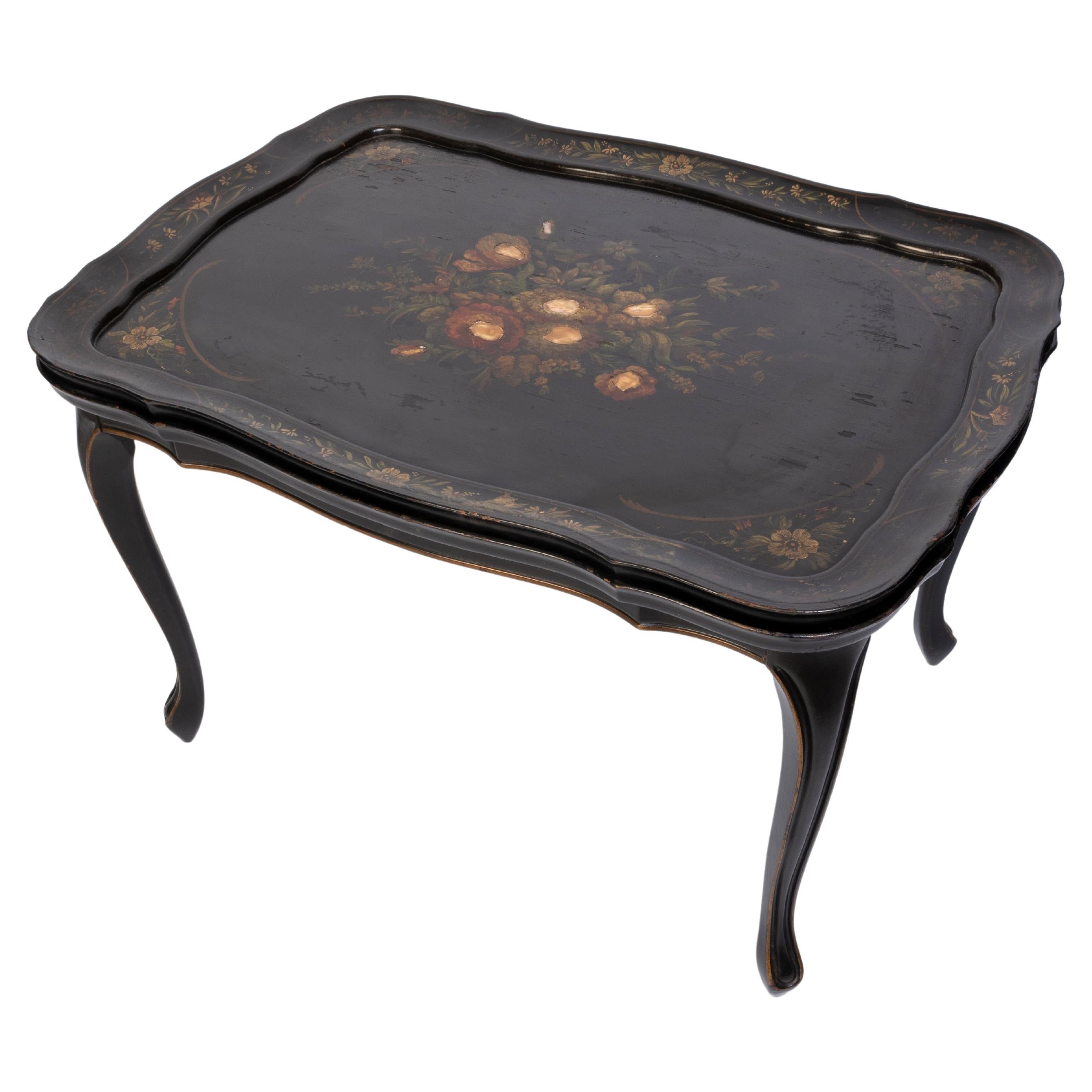 Victorian Antique English Ebonised Lacquered Papier Mache Tray On Stand Serving Table For Sale