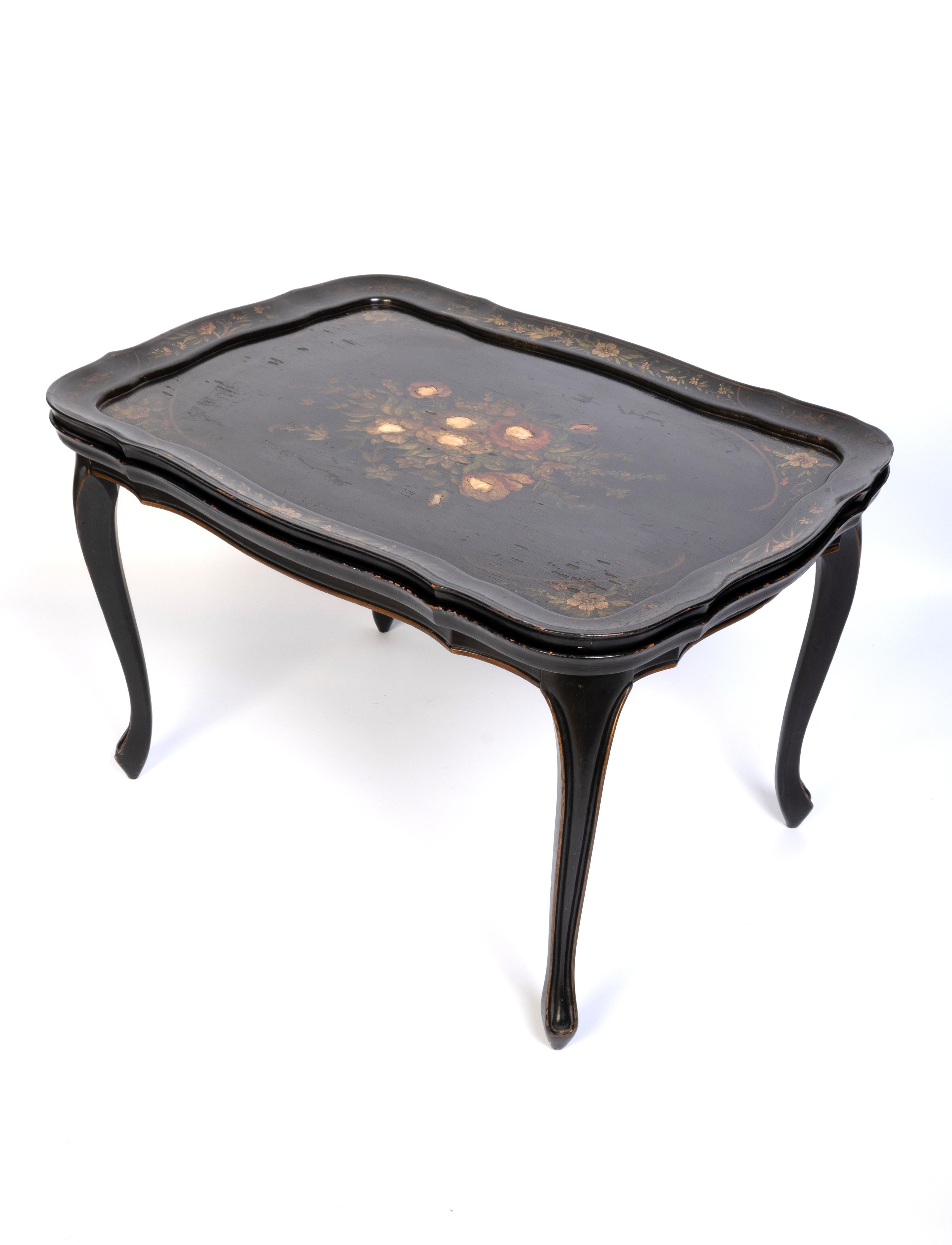 19th Century Antique English Ebonised Lacquered Papier Mache Tray On Stand Serving Table For Sale