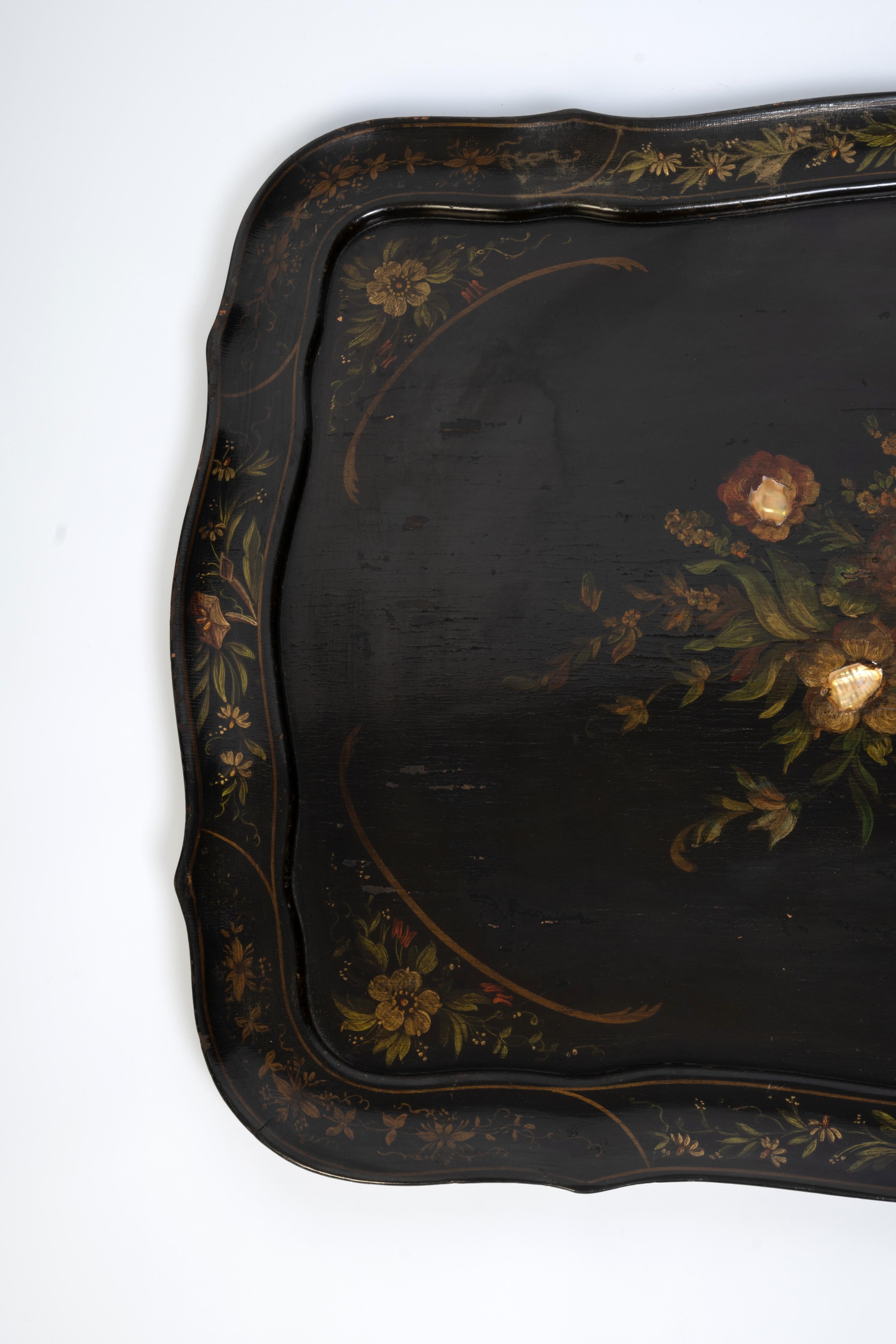 Antique English Ebonised Lacquered Papier Mache Tray On Stand Serving Table For Sale 2