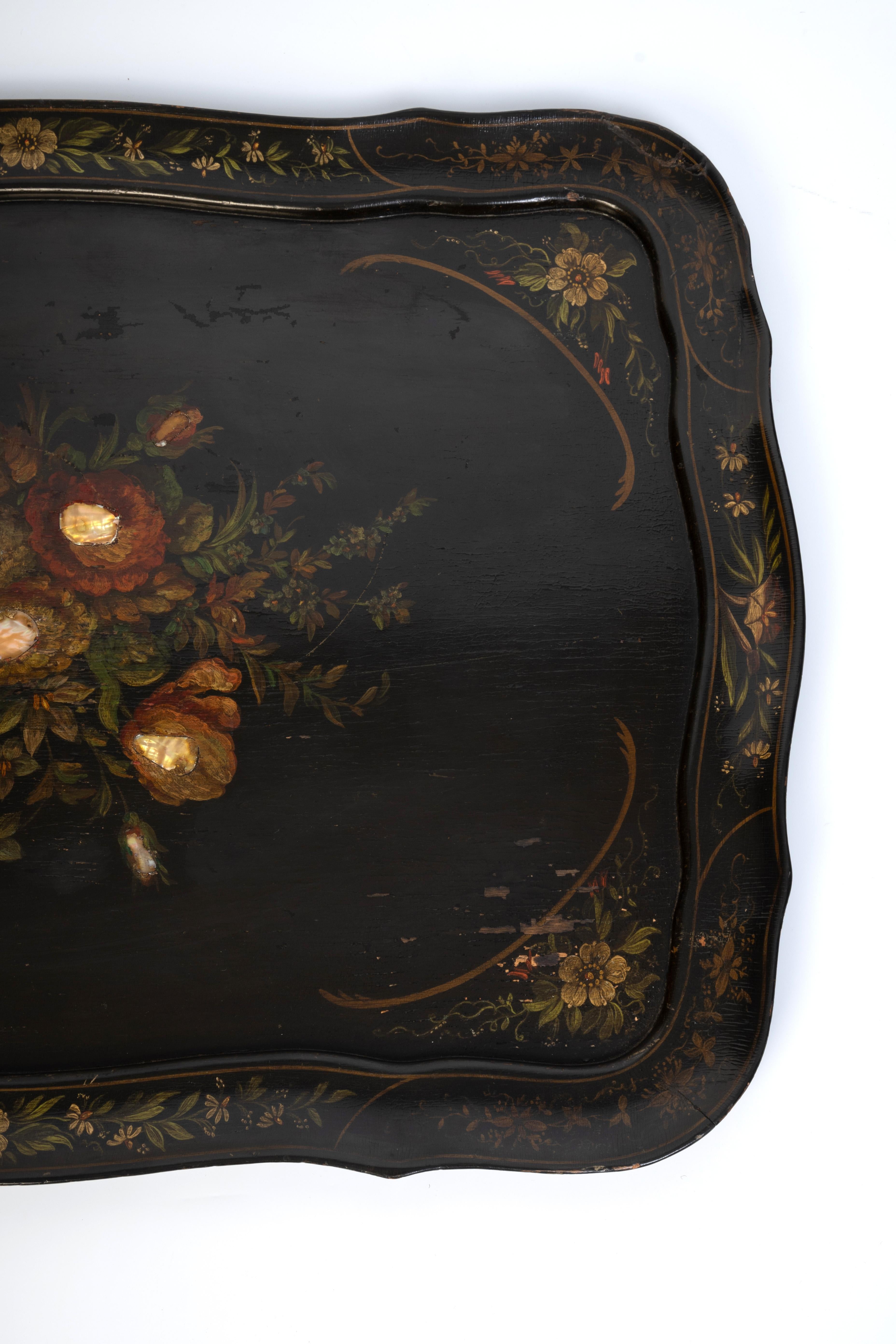 Antique English Ebonised Lacquered Papier Mache Tray On Stand Serving Table For Sale 3