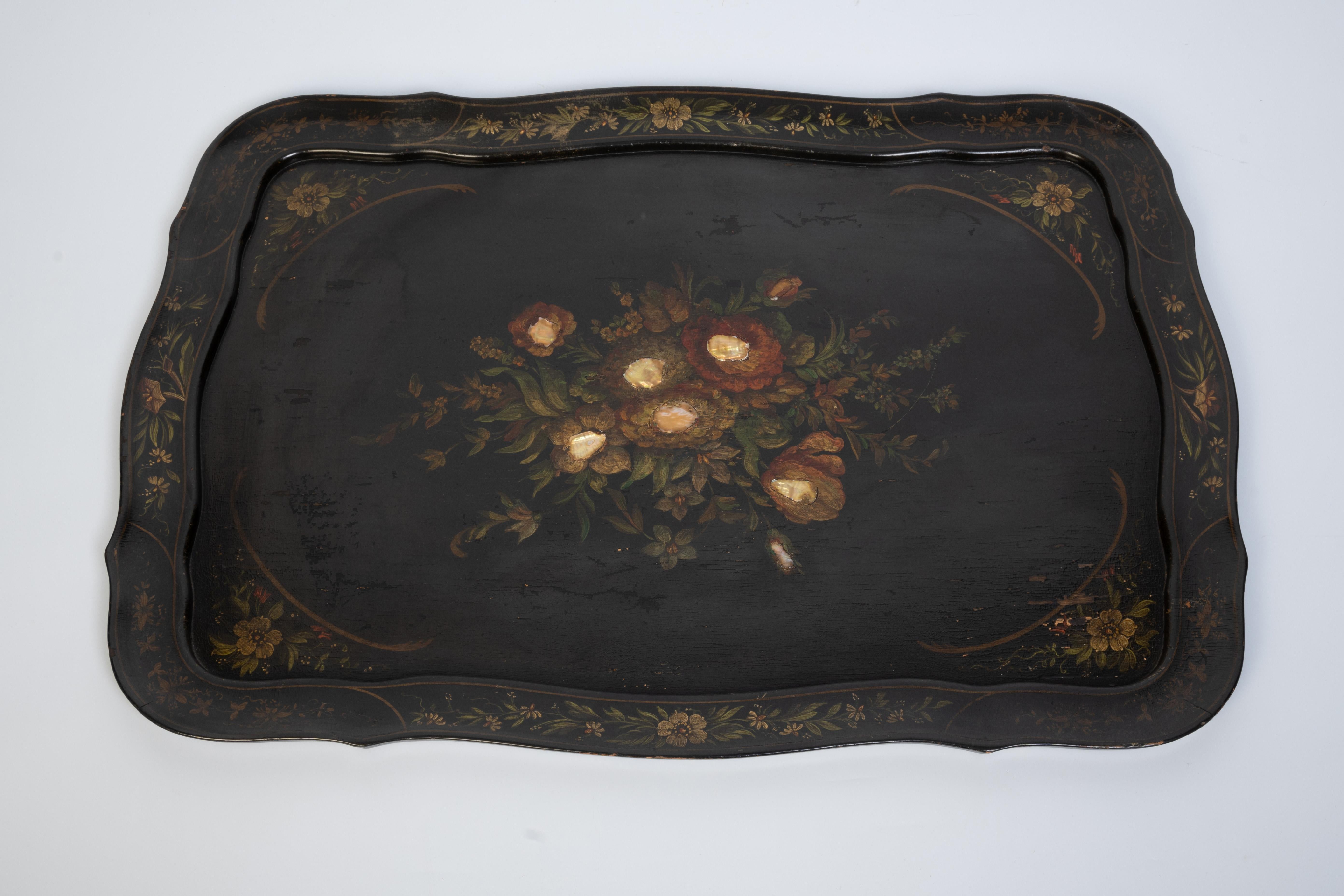 Antique English Ebonised Lacquered Papier Mache Tray On Stand Serving Table For Sale 4