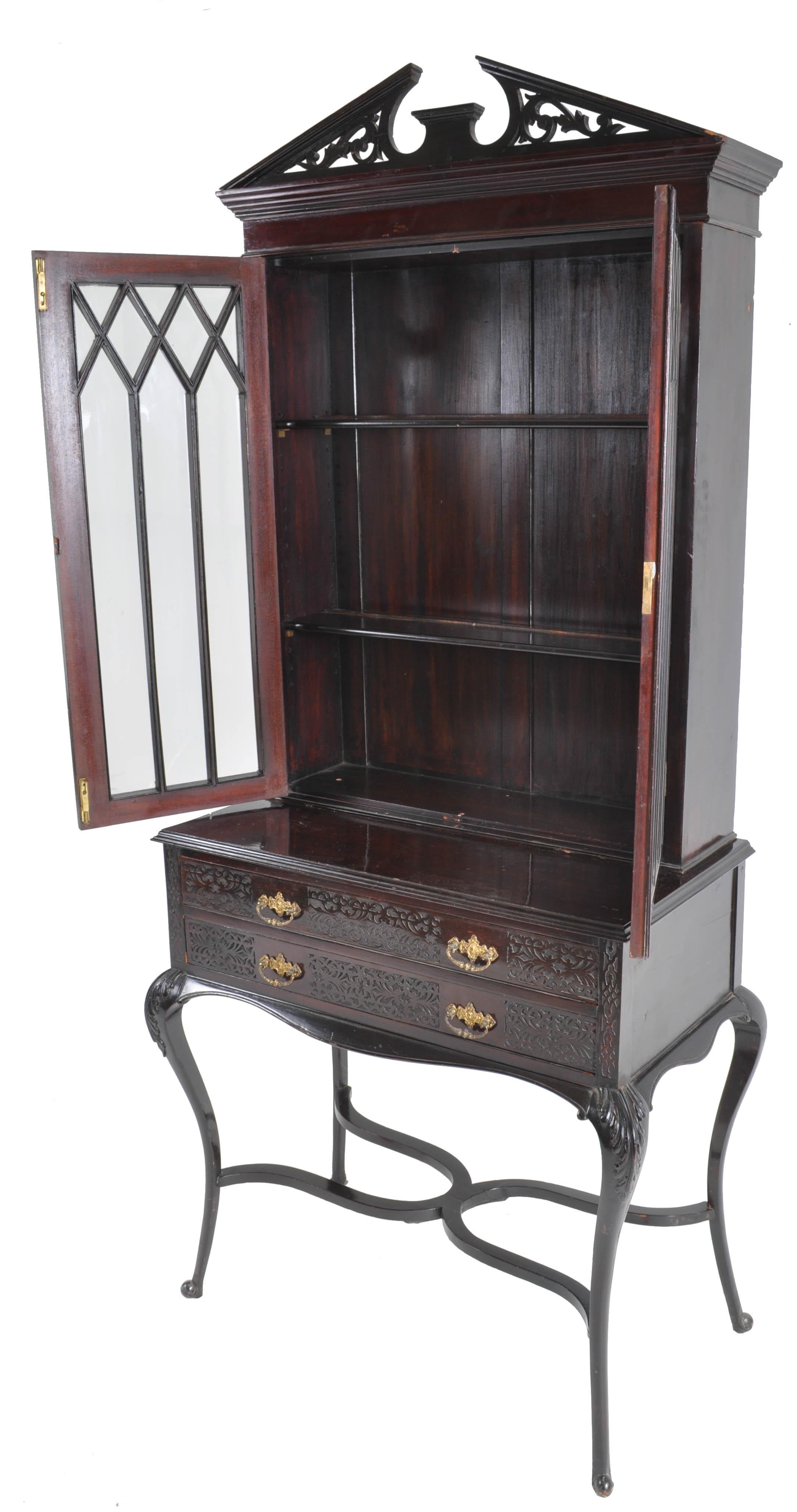 Mahogany Antique English Ebonized Empire Style Cabinet / Hutch / Bookcase, circa 1870
