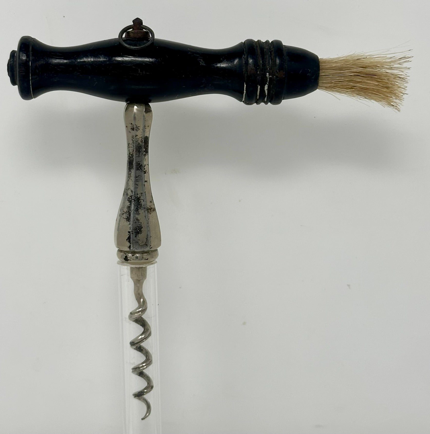 Antique English Ebonized Handle Corkscrew with Worm Brush, Circa 1920-1930. 