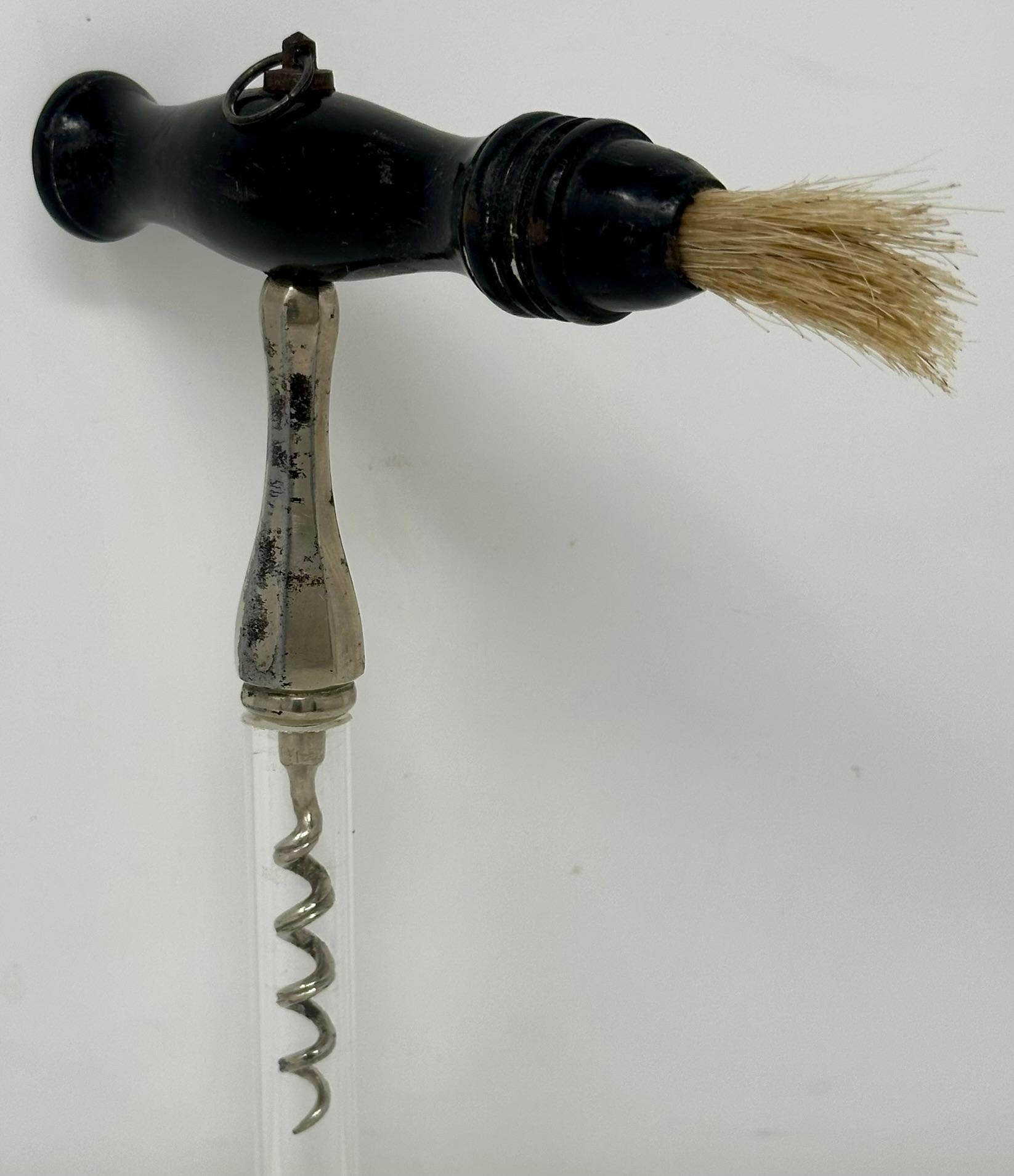 Antique English Ebonized Handle Corkscrew with Worm Brush, Circa 1920-1930. In Good Condition For Sale In New Orleans, LA