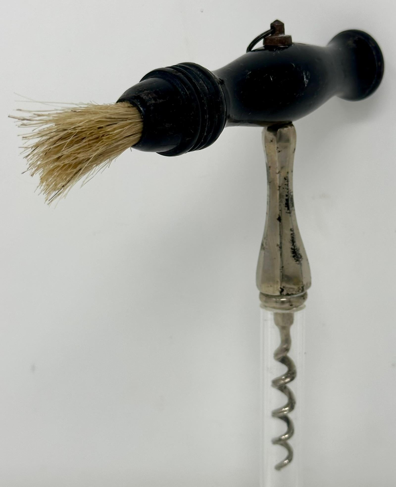 20th Century Antique English Ebonized Handle Corkscrew with Worm Brush, Circa 1920-1930. For Sale
