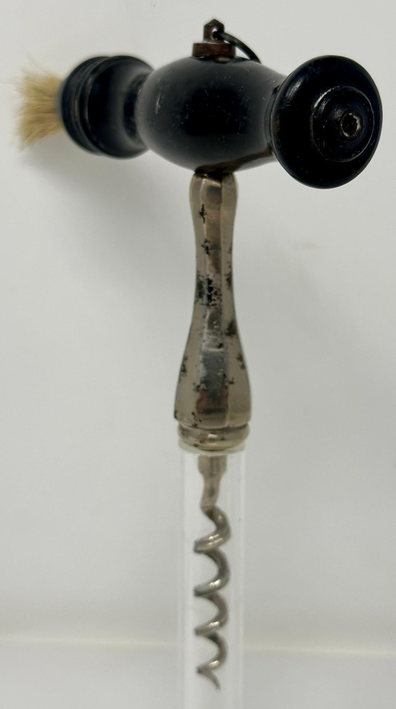 Wood Antique English Ebonized Handle Corkscrew with Worm Brush, Circa 1920-1930. For Sale