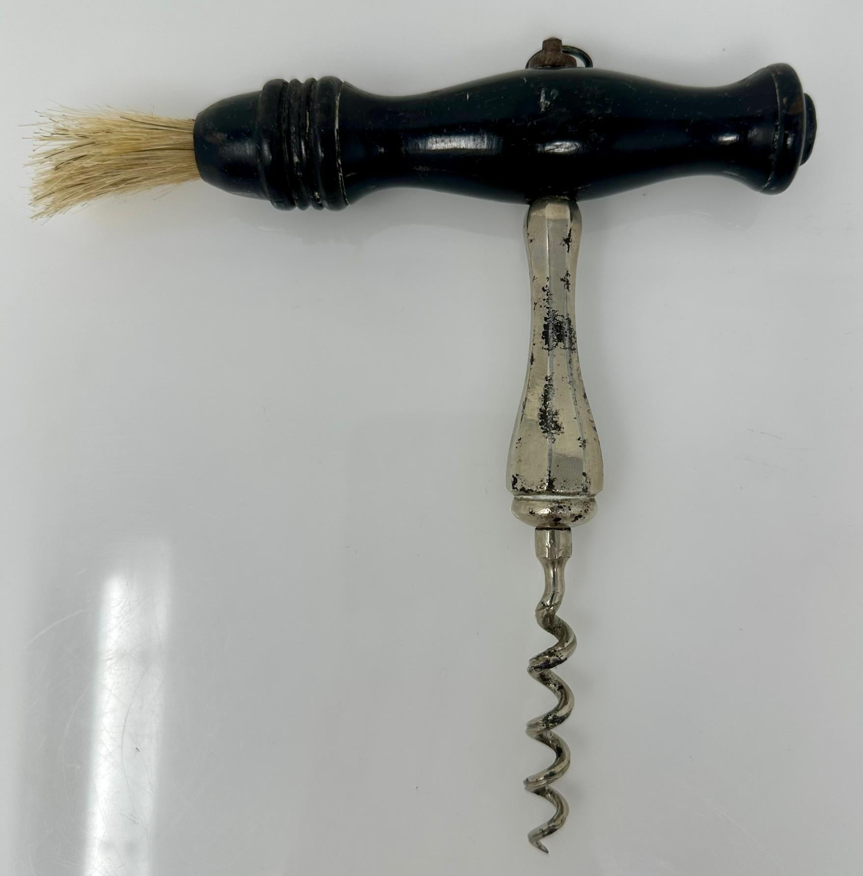 Antique English Ebonized Handle Corkscrew with Worm Brush, Circa 1920-1930. For Sale 1
