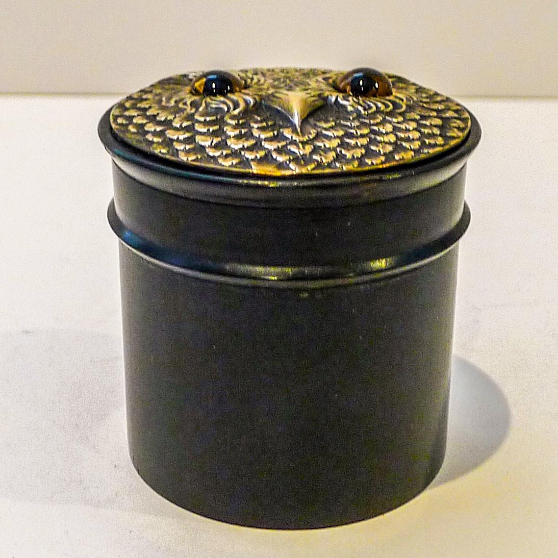 Late Victorian Antique English Ebony and Brass Owl Powder Box c.1900