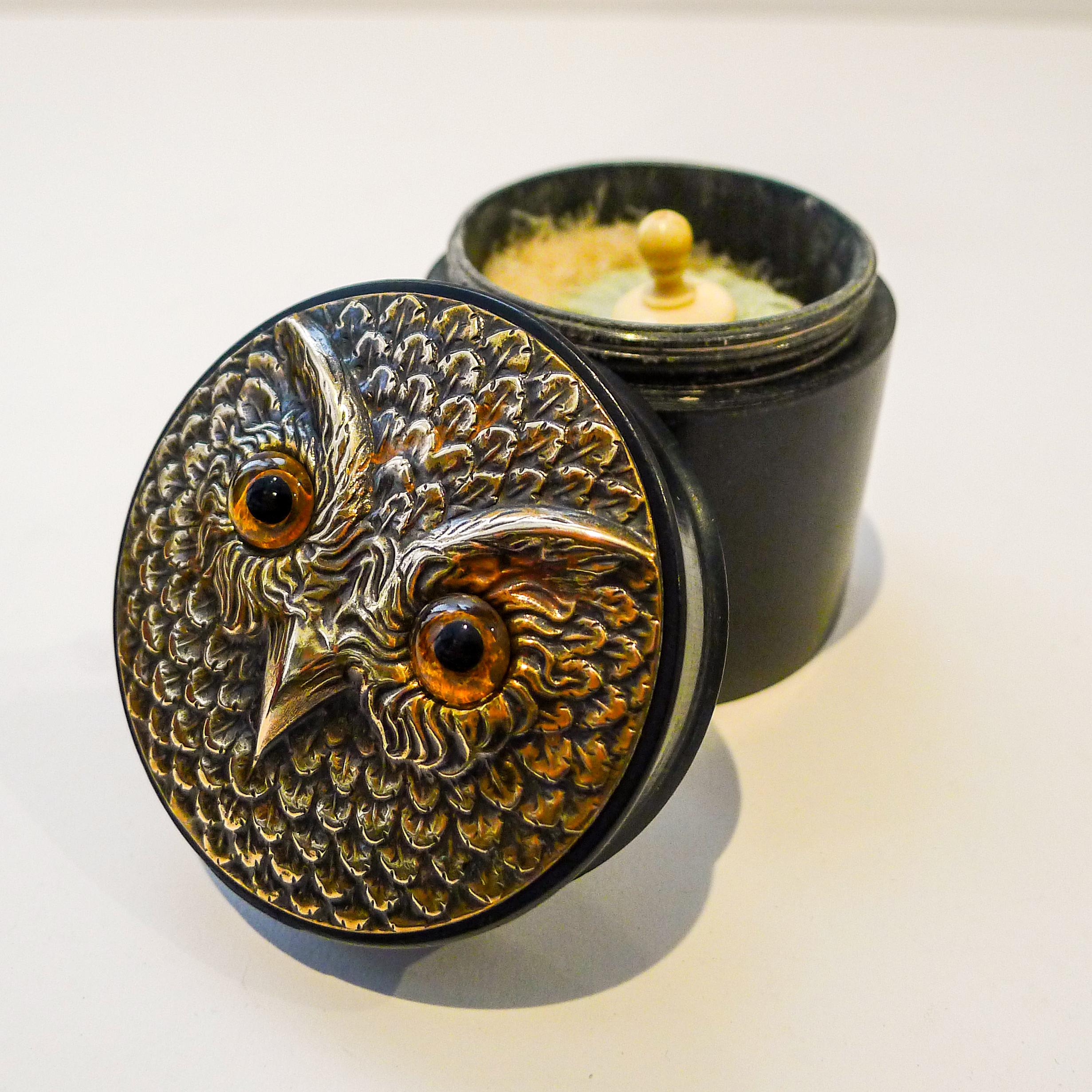 Berlin Iron Antique English Ebony and Brass Owl Powder Box c.1900