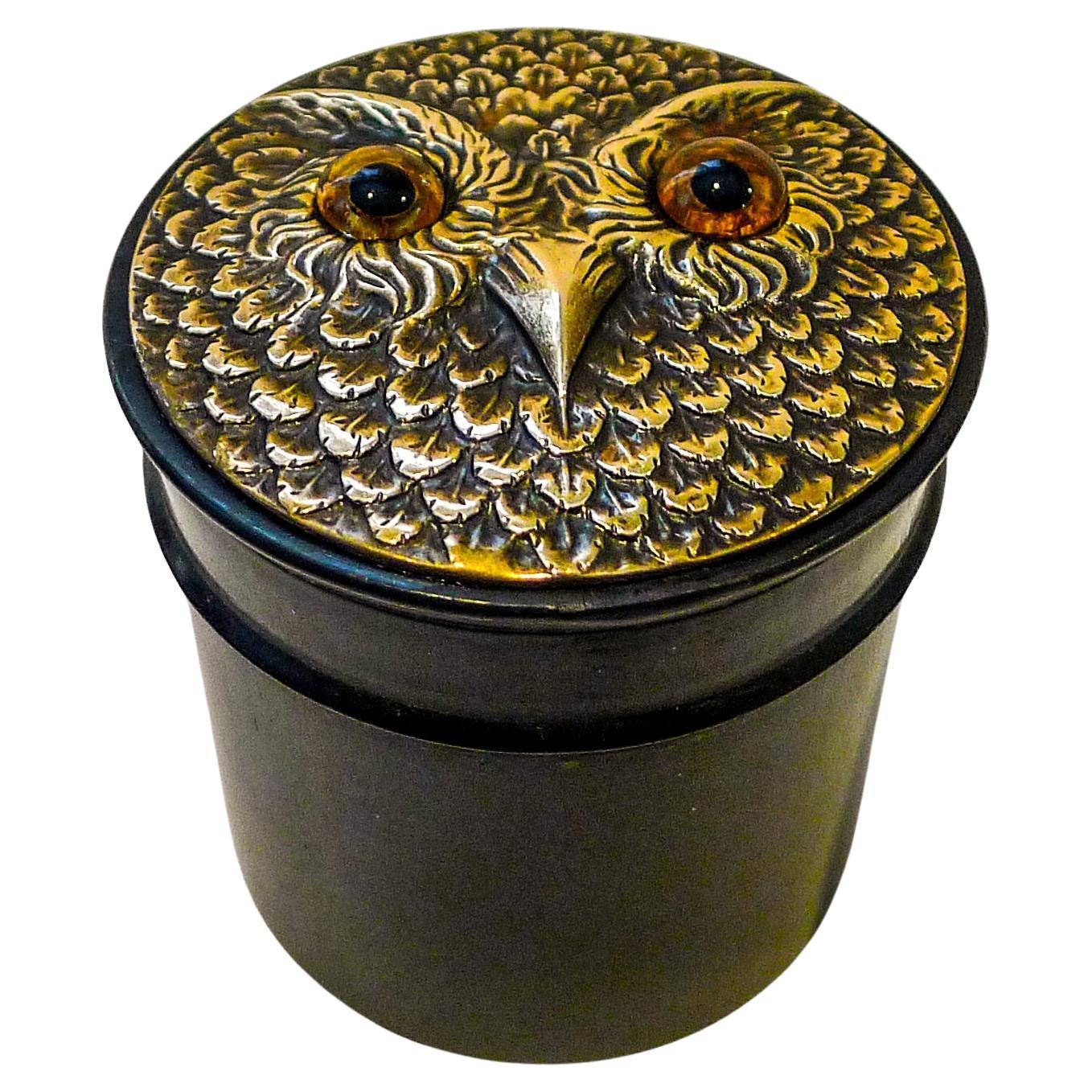 Antique English Ebony and Brass Owl Powder Box c.1900
