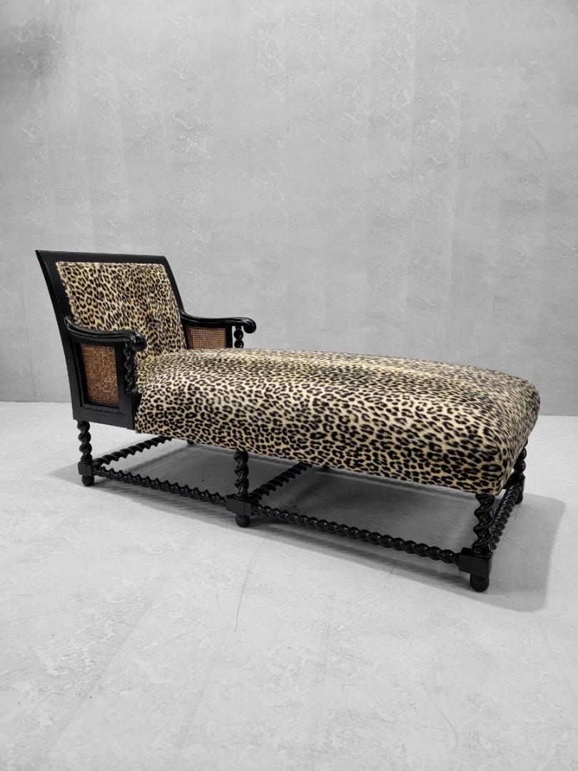 Antique English Ebony Oak Barley-Twist & Cane Chaise in Cheetah Print Poly-Fur In Good Condition In Chicago, IL
