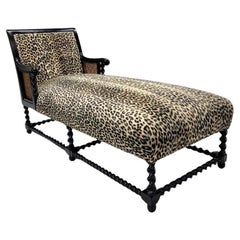 Antique English Ebony Oak Barley-Twist & Cane Chaise in Cheetah Print Poly-Fur