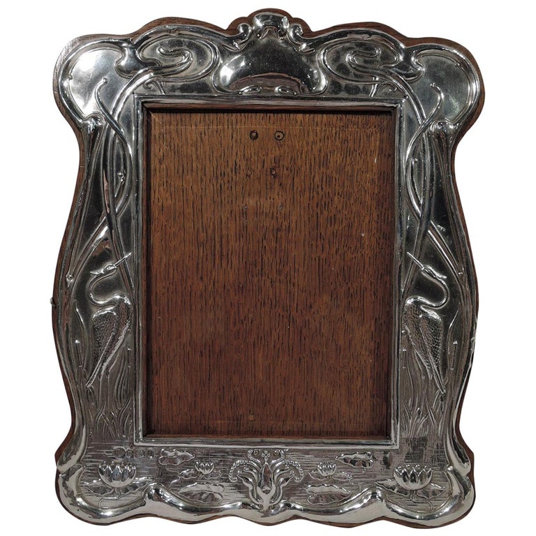 Antique English Edwardian Art Nouveau Sterling Silver Picture Frame For Sale