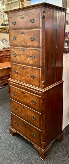 Antique English Edwardian Burled Walnut Chest on Chest, Circa 1900-1910.