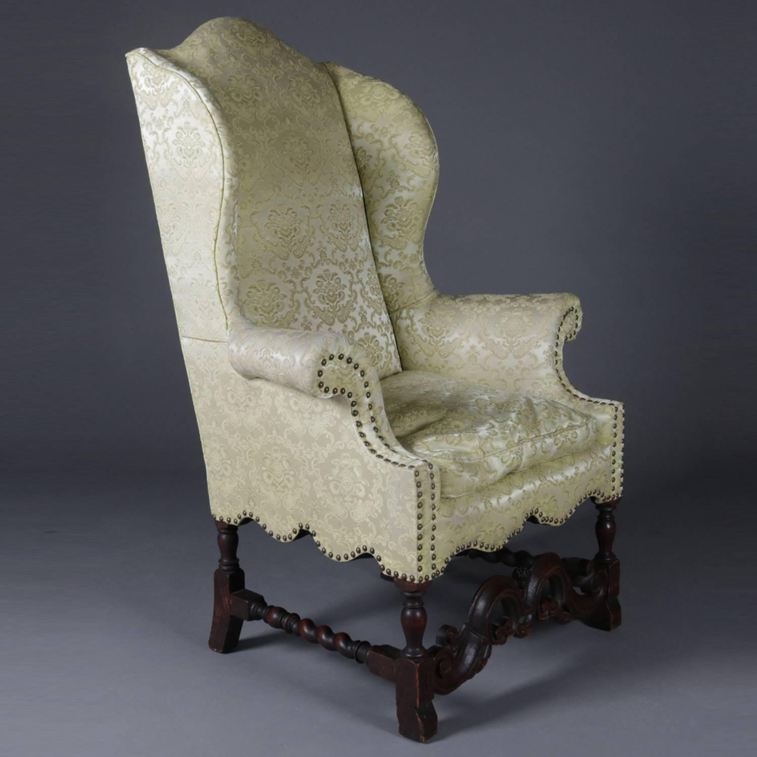 Antique English Edwardian Carved Mahogany Upholstered Wingback Chair, circa 1910 In Good Condition In Big Flats, NY