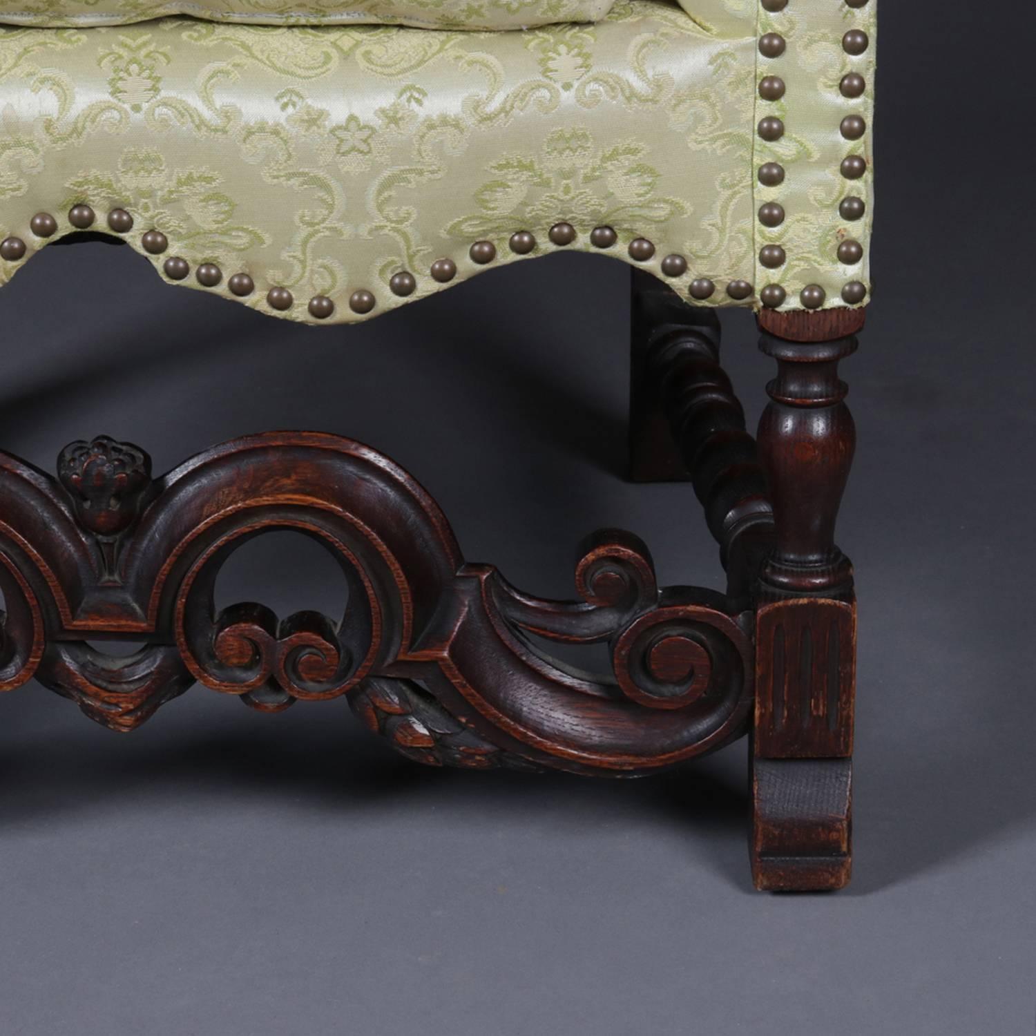 Antique English Edwardian Carved Mahogany Upholstered Wingback Chair, circa 1910 1
