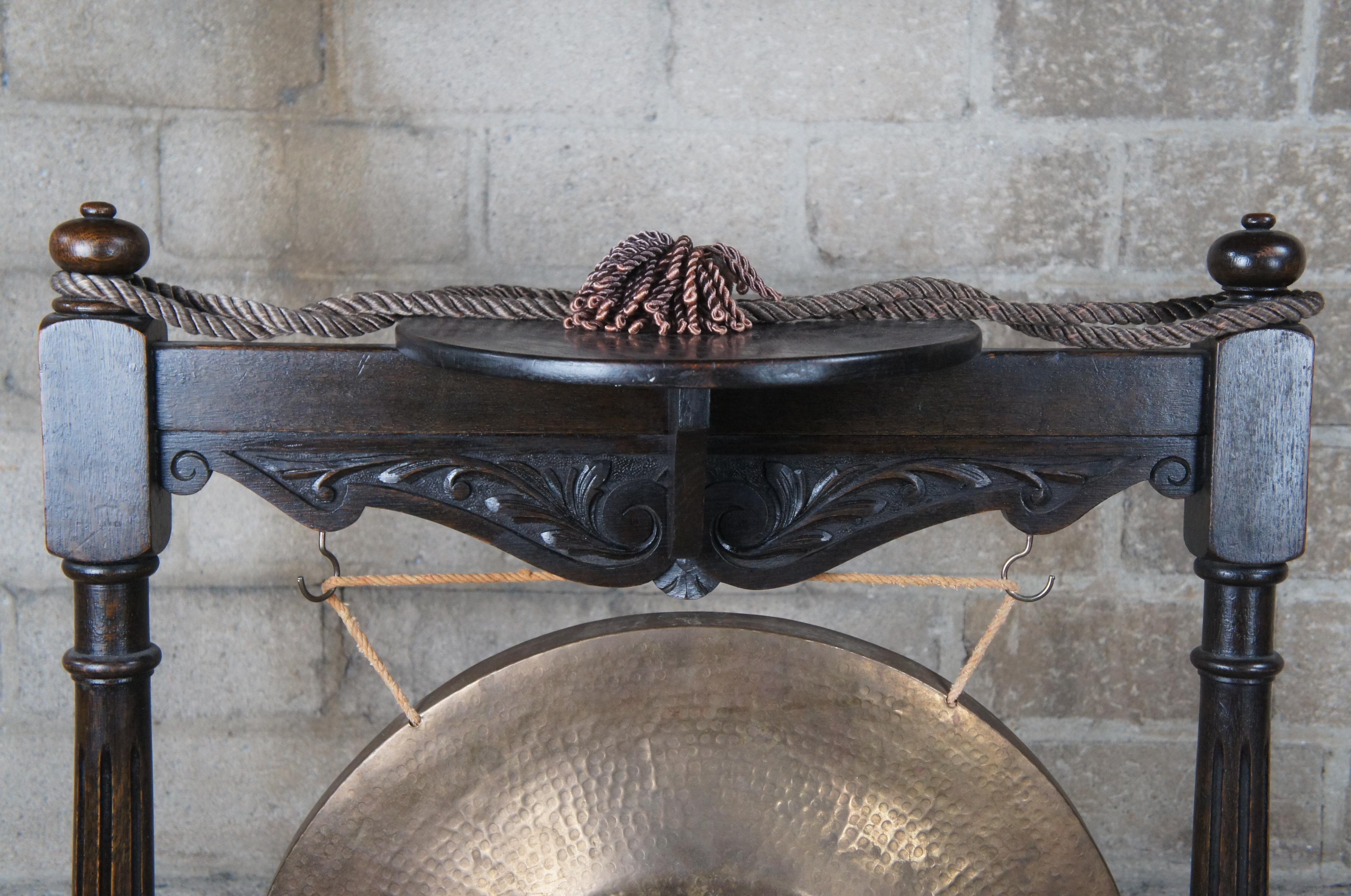 Antique English Edwardian Carved Oak Floor Standing Brass Dinner Gong Pedestal For Sale 1