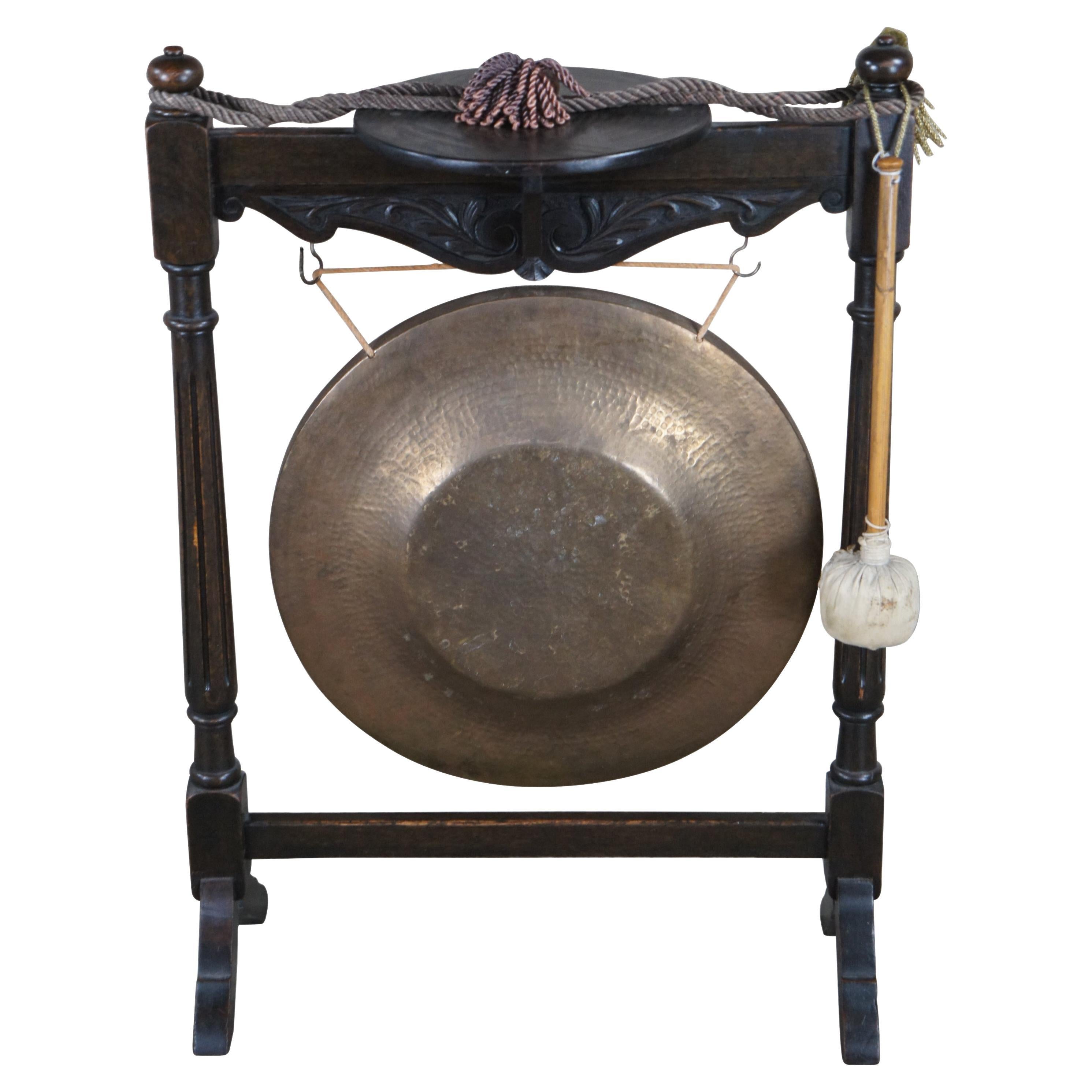 Antique English Edwardian Carved Oak Floor Standing Brass Dinner Gong Pedestal