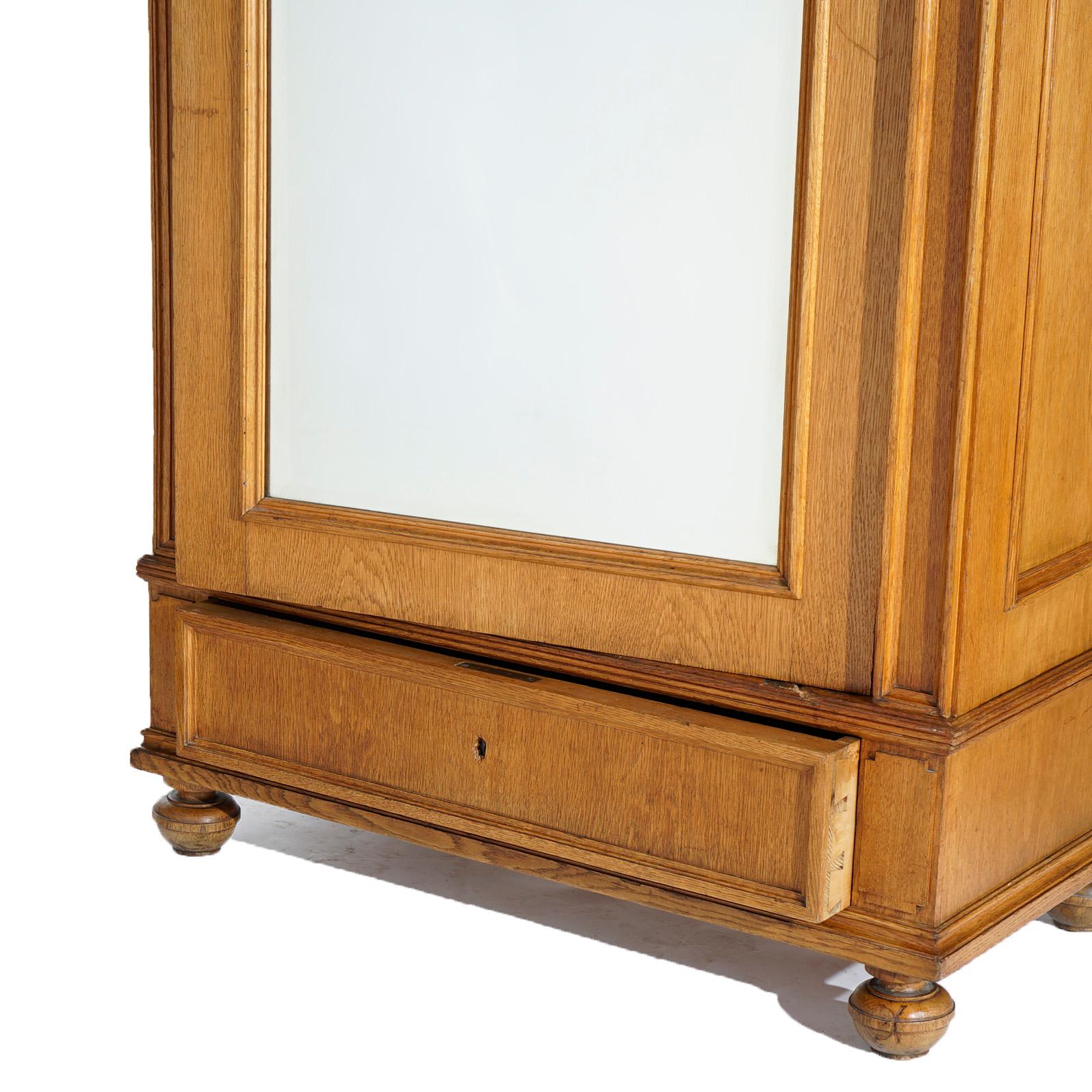 Antique English Edwardian Carved Oak Single Door Mirrored Armoire