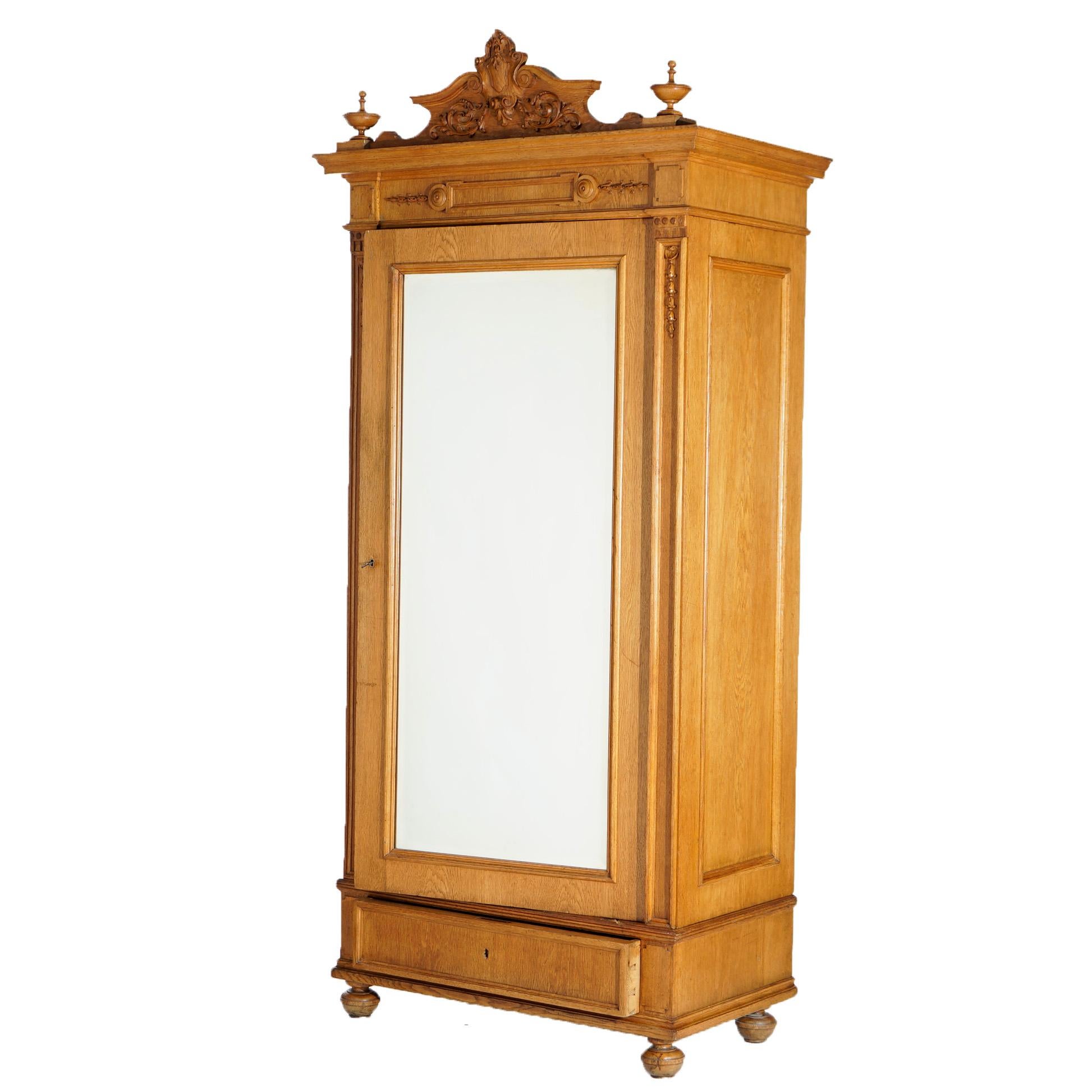 Antique English Edwardian Carved Oak Single Door Mirrored Armoire, C1910 In Good Condition In Big Flats, NY