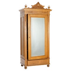 Antique English Edwardian Carved Oak Single Door Mirrored Armoire, C1910